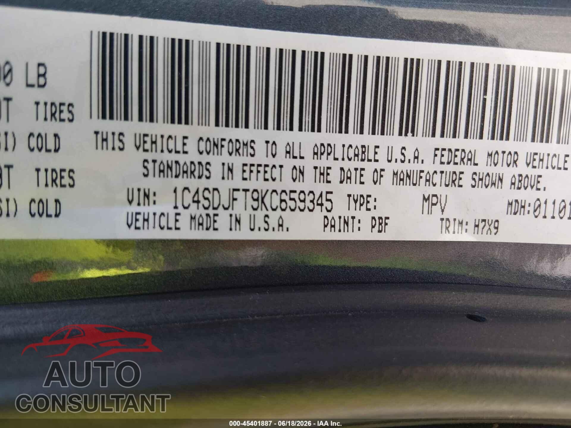 DODGE DURANGO 2019 - 1C4SDJFT9KC659345