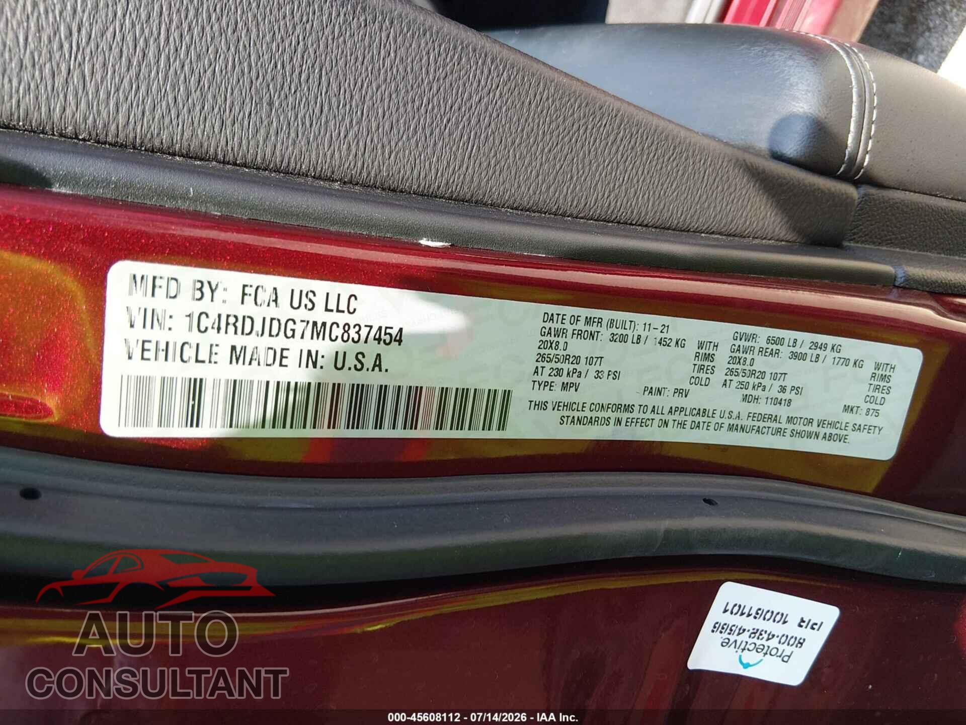DODGE DURANGO 2021 - 1C4RDJDG7MC837454