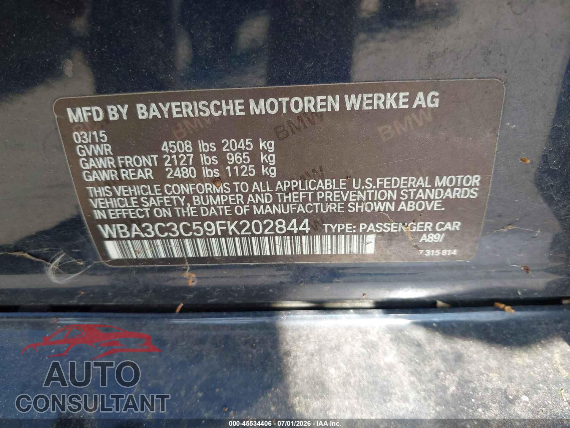 BMW 320I 2015 - WBA3C3C59FK202844