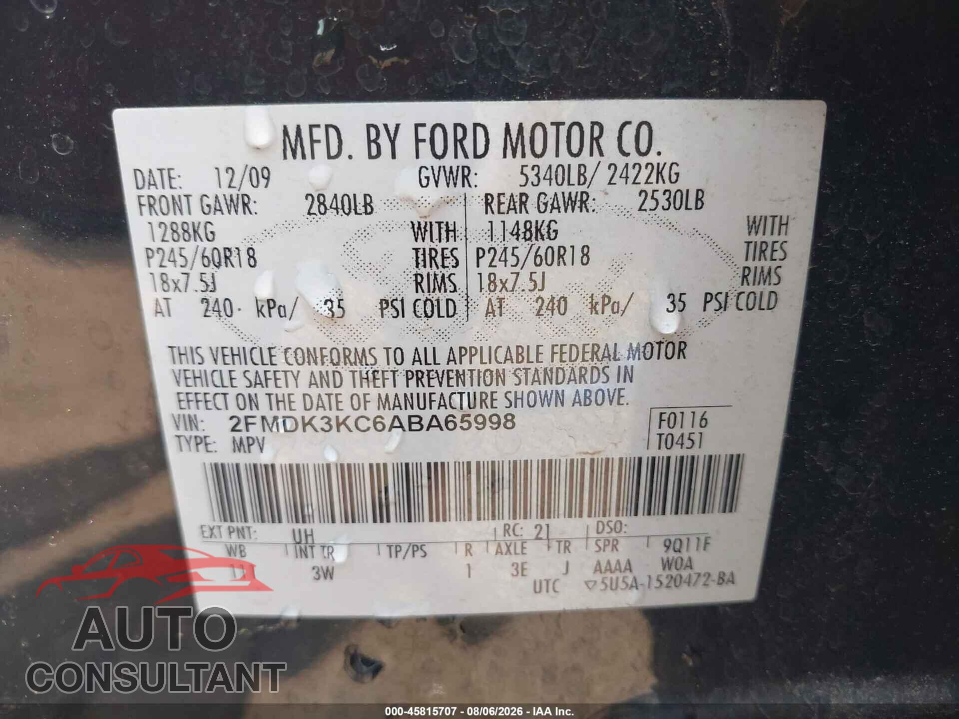 FORD EDGE 2010 - 2FMDK3KC6ABA65998