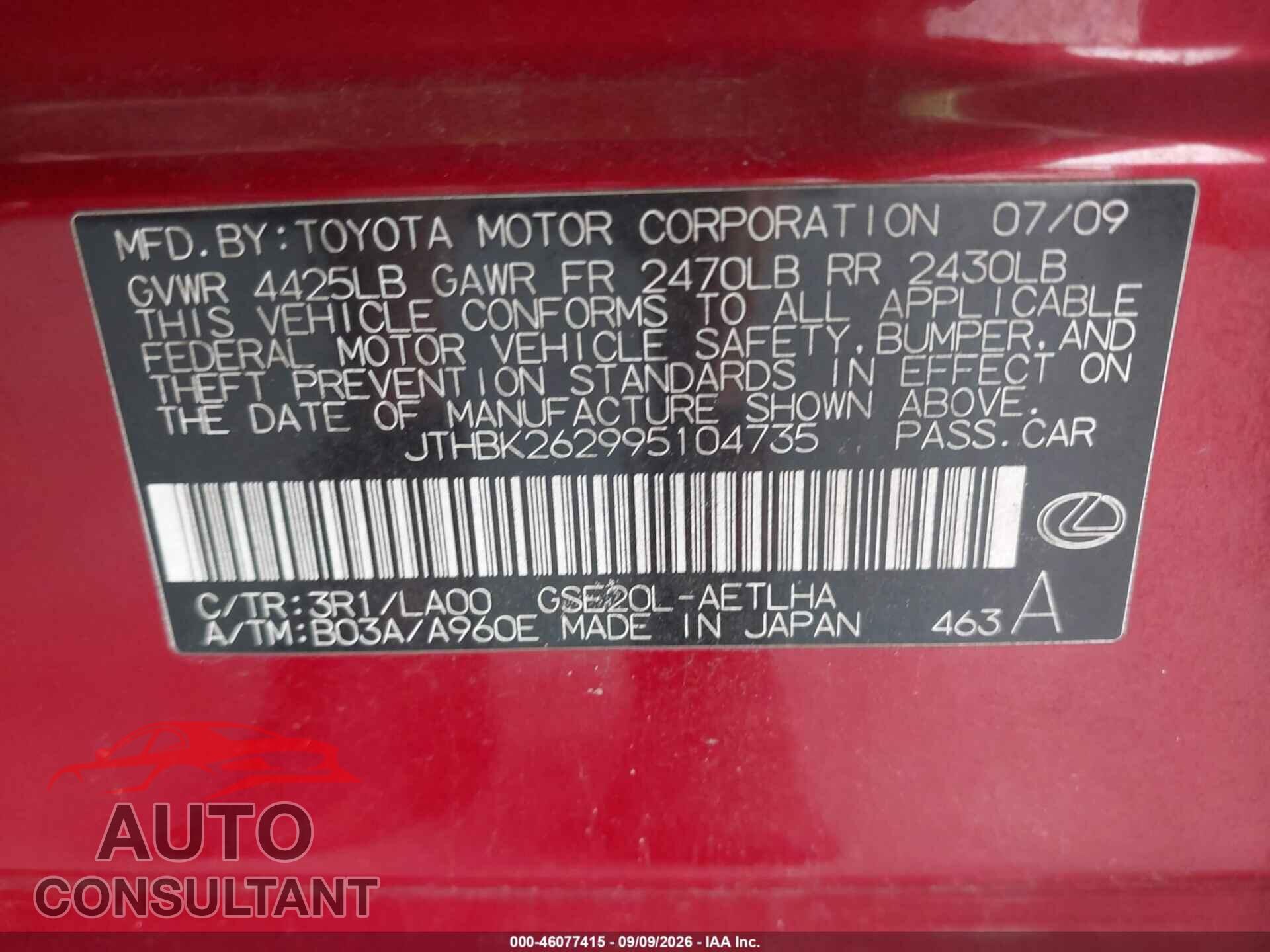 LEXUS IS 250 2009 - JTHBK262995104735