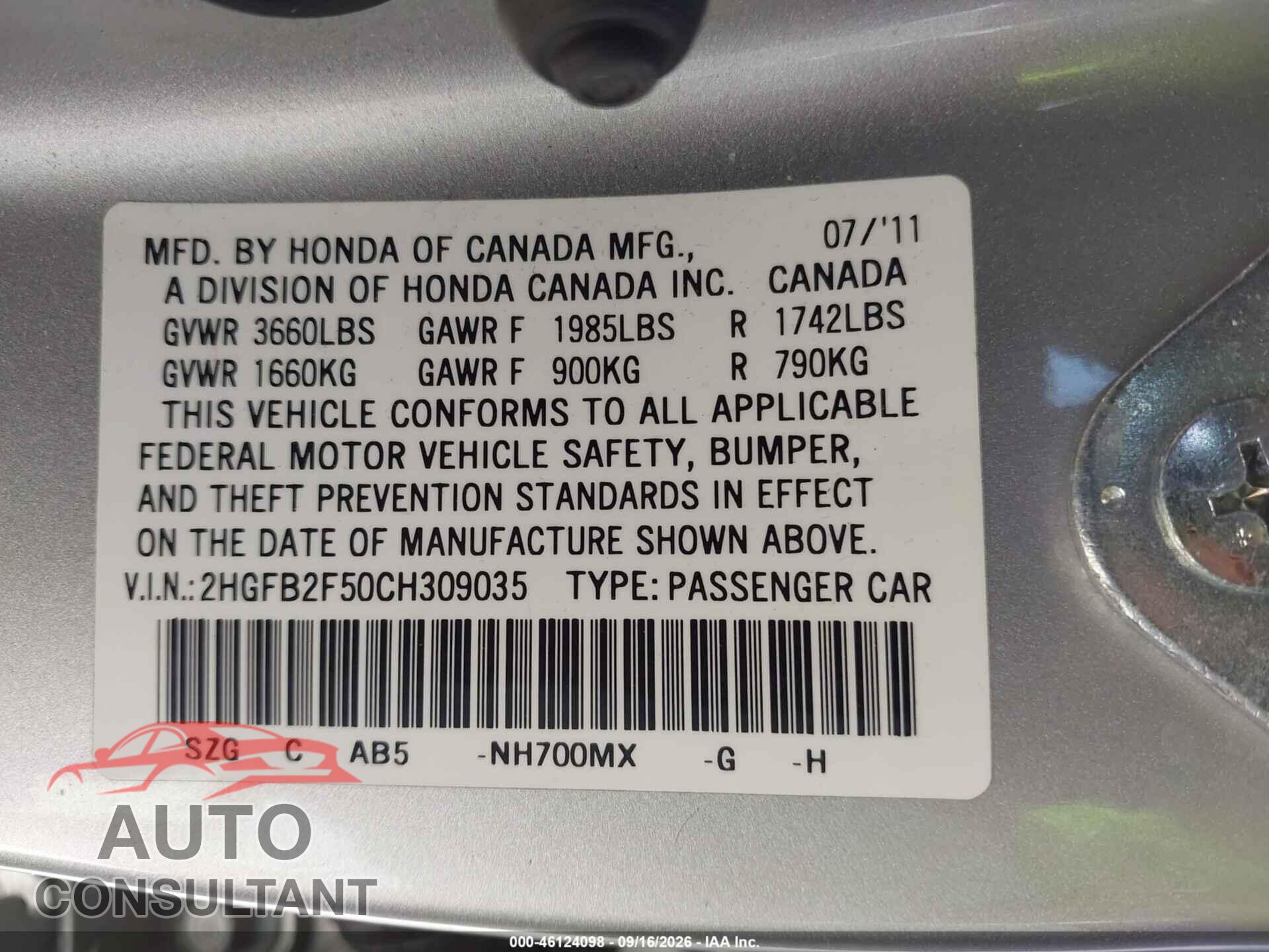 HONDA CIVIC 2012 - 2HGFB2F50CH309035