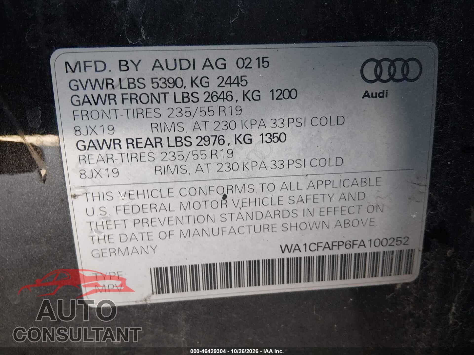 AUDI Q5 2015 - WA1CFAFP6FA100252