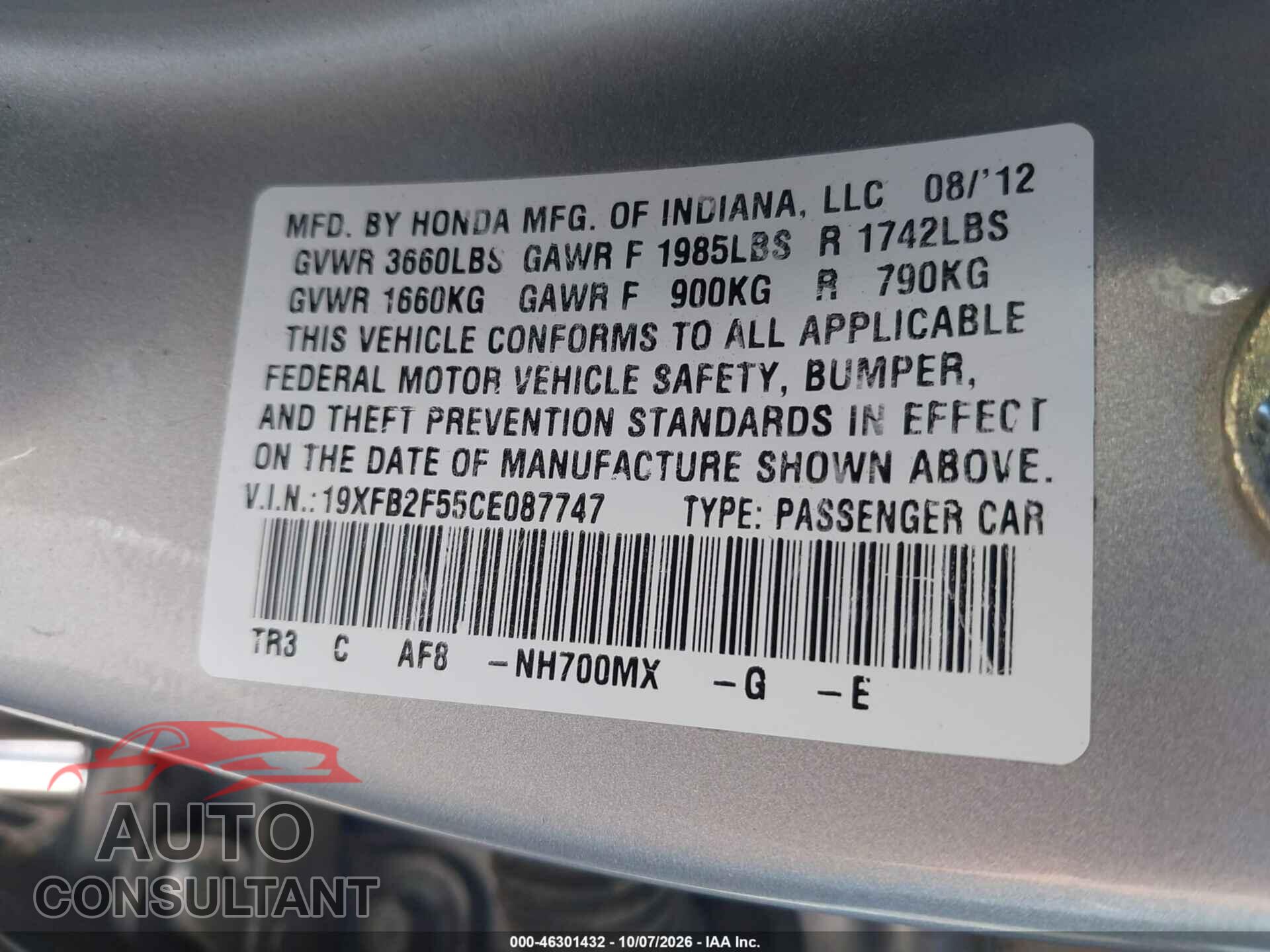HONDA CIVIC 2012 - 19XFB2F55CE087747