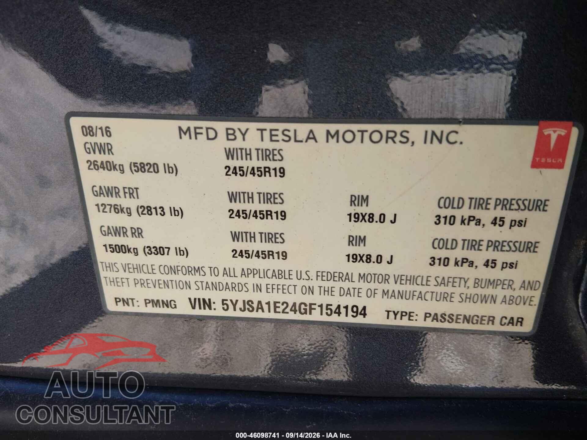 TESLA MODEL S 2016 - 5YJSA1E24GF154194