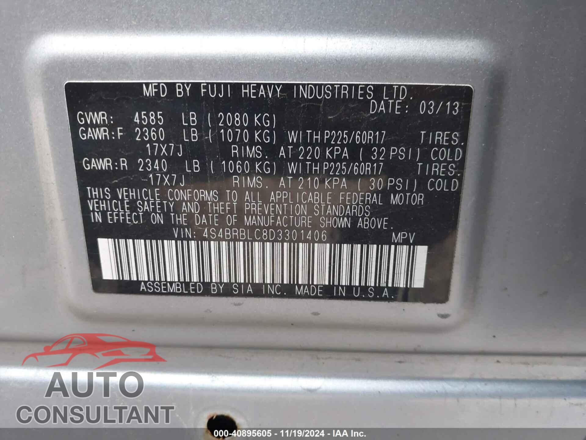 SUBARU OUTBACK 2013 - 4S4BRBLC8D3301406