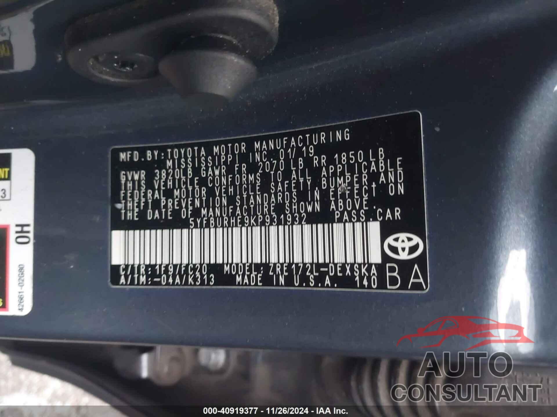 TOYOTA COROLLA 2019 - 5YFBURHE9KP931932
