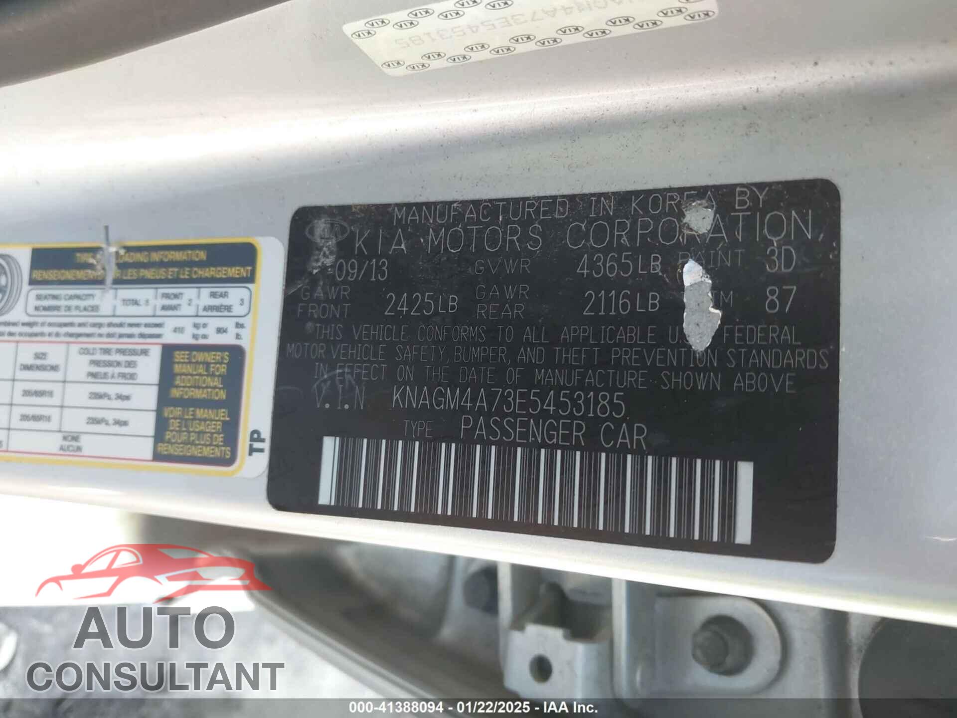 KIA OPTIMA 2014 - KNAGM4A73E5453185