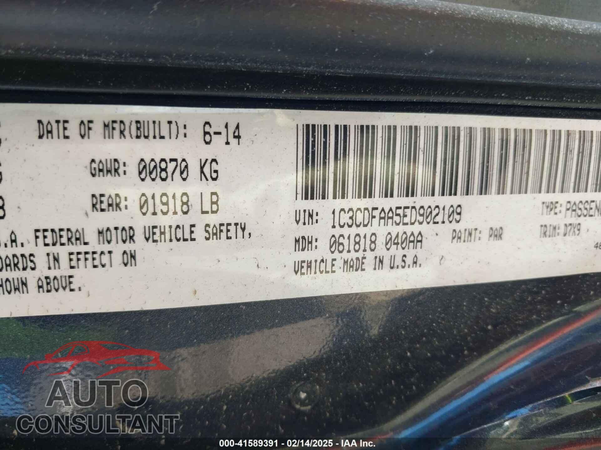 DODGE DART 2014 - 1C3CDFAA5ED902109