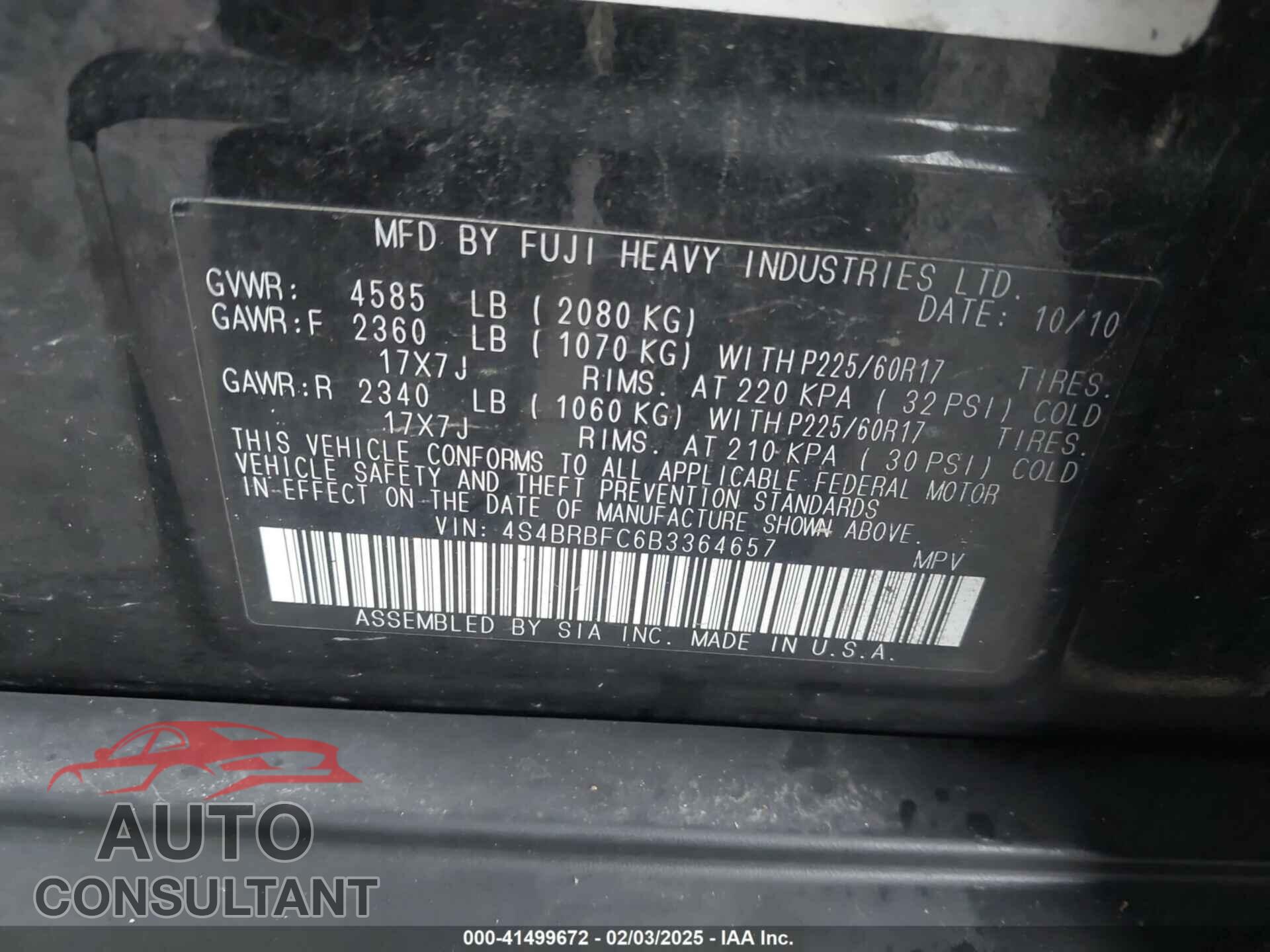 SUBARU OUTBACK 2011 - 4S4BRBFC6B3364657