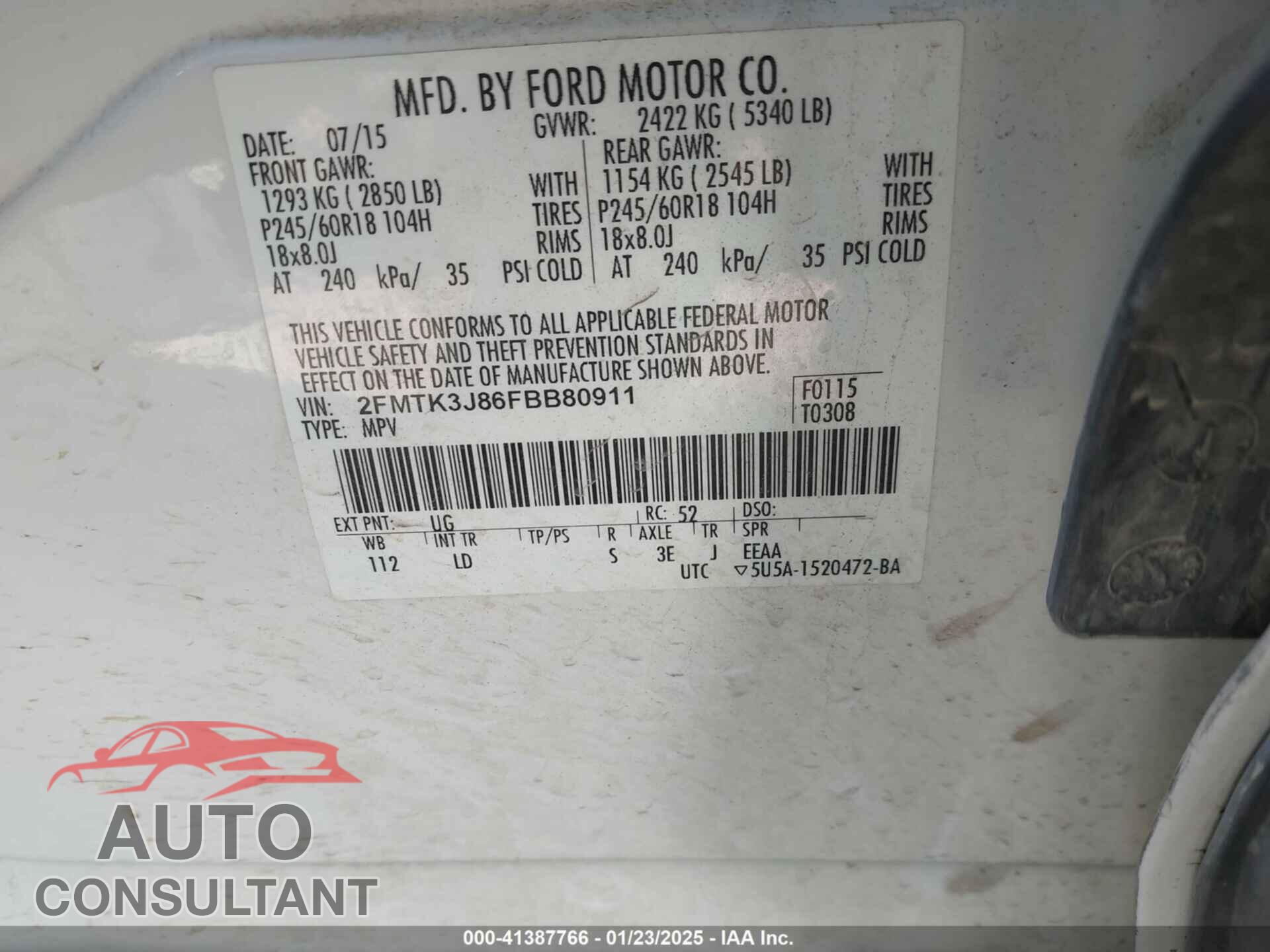 FORD EDGE 2015 - 2FMTK3J86FBB80911