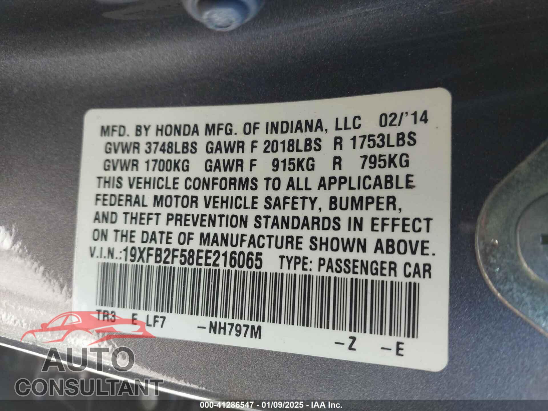 HONDA CIVIC 2014 - 19XFB2F58EE216065