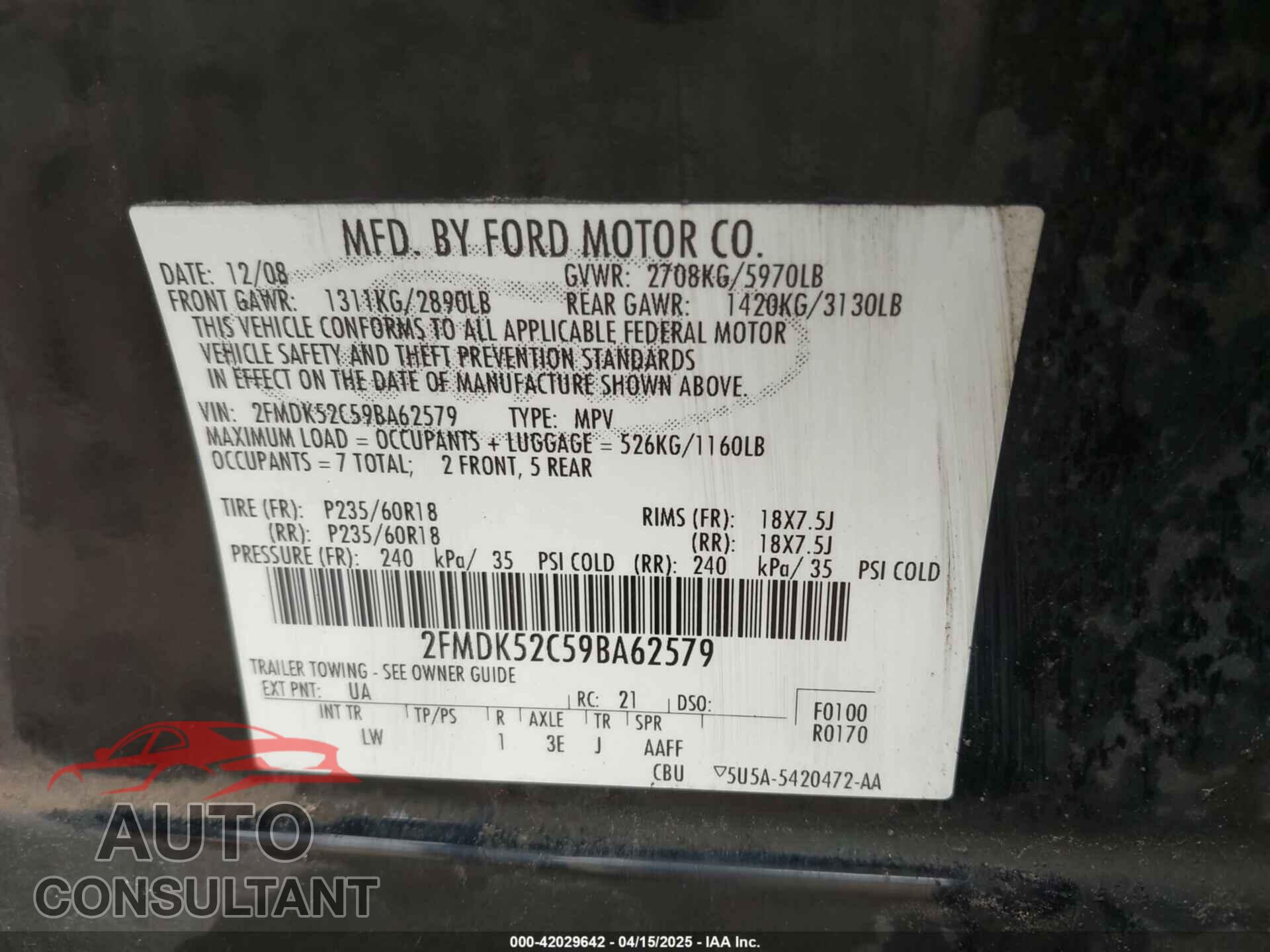 FORD FLEX 2009 - 2FMDK52C59BA62579