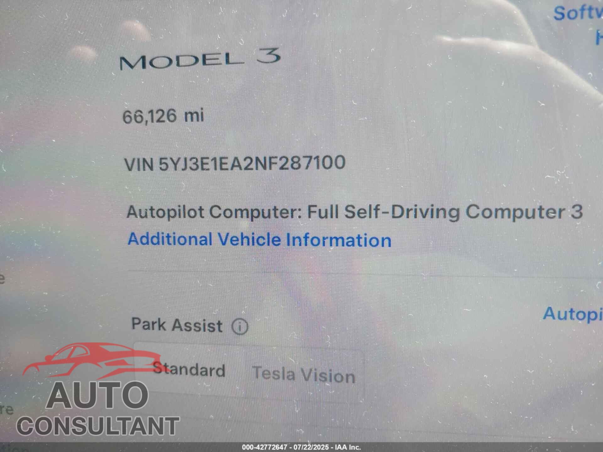 TESLA MODEL 3 2022 - 5YJ3E1EA2NF287100