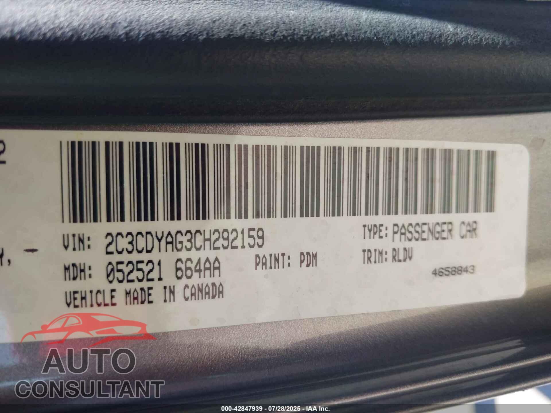 DODGE CHALLENGER 2012 - 2C3CDYAG3CH292159