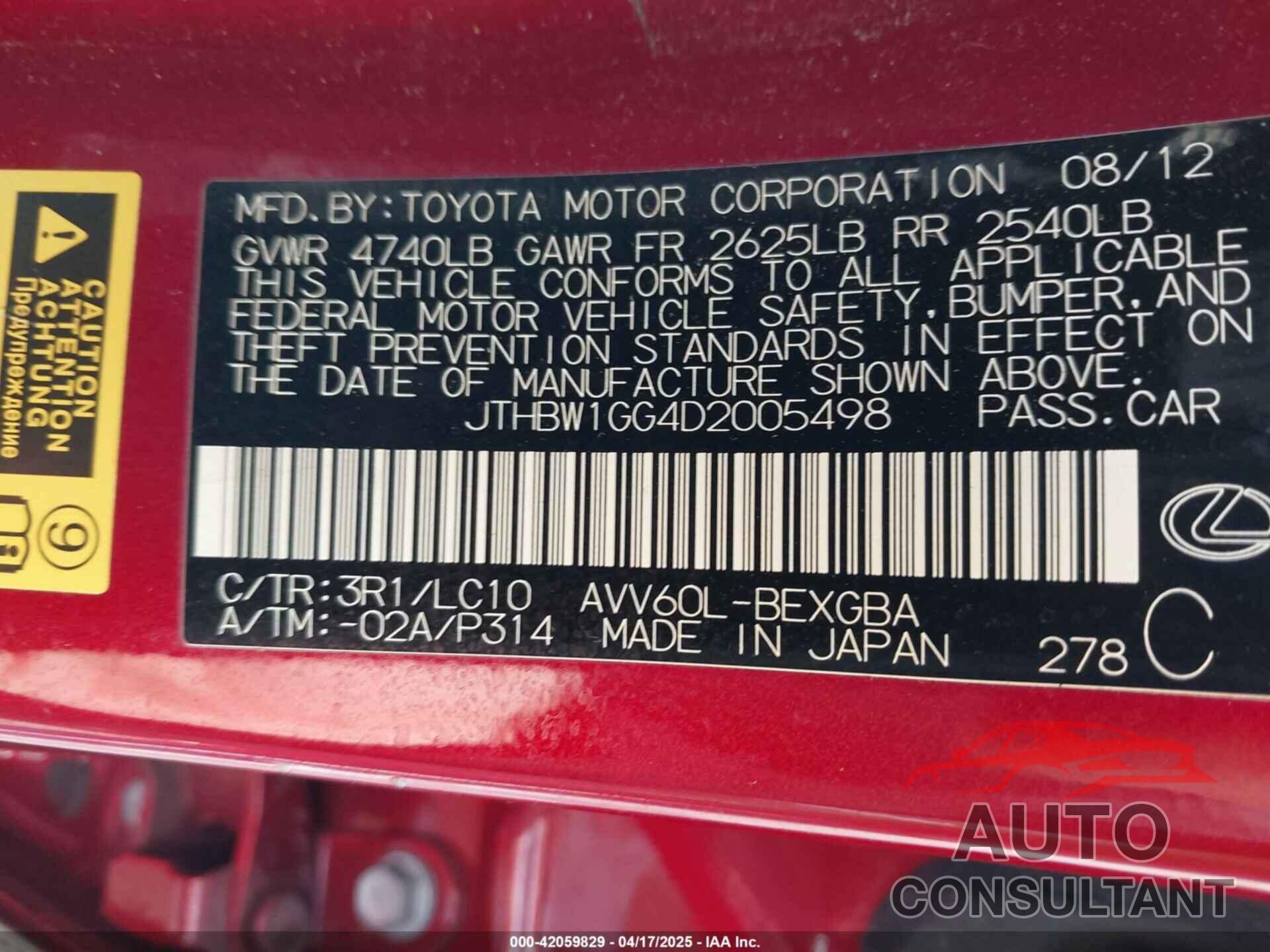 LEXUS ES 300H 2013 - JTHBW1GG4D2005498
