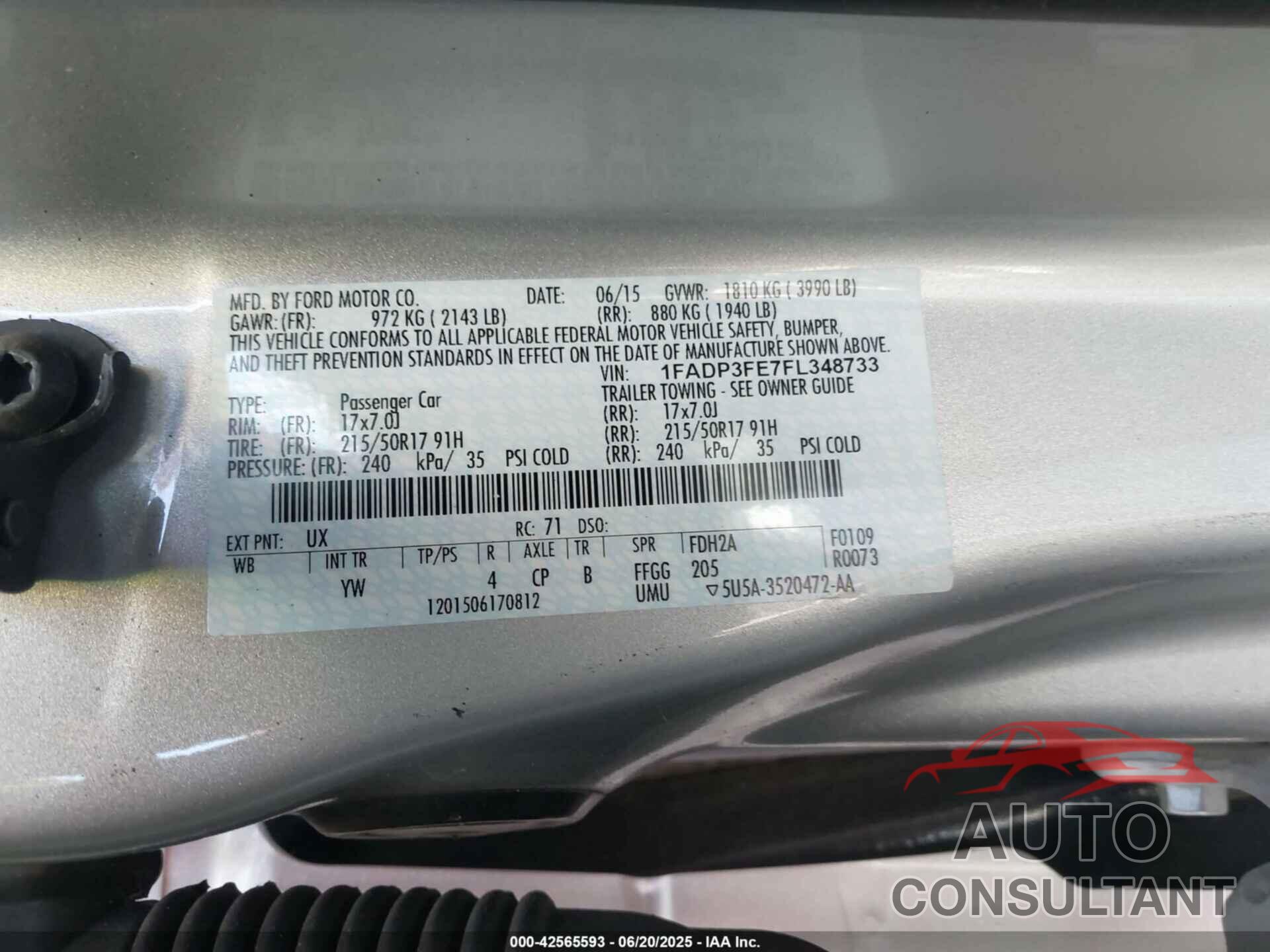FORD FOCUS 2015 - 1FADP3FE7FL348733