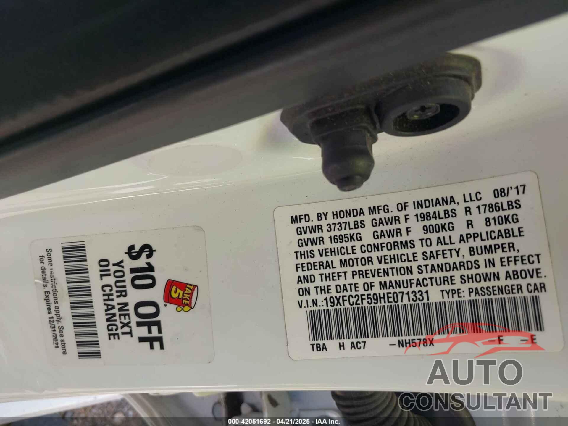 HONDA CIVIC 2017 - 19XFC2F59HE071331