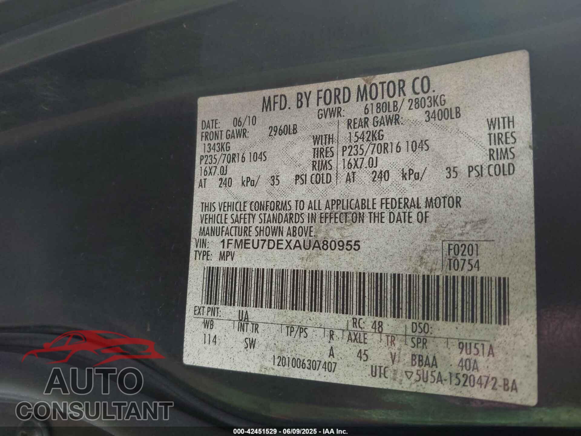 FORD EXPLORER 2010 - 1FMEU7DEXAUA80955