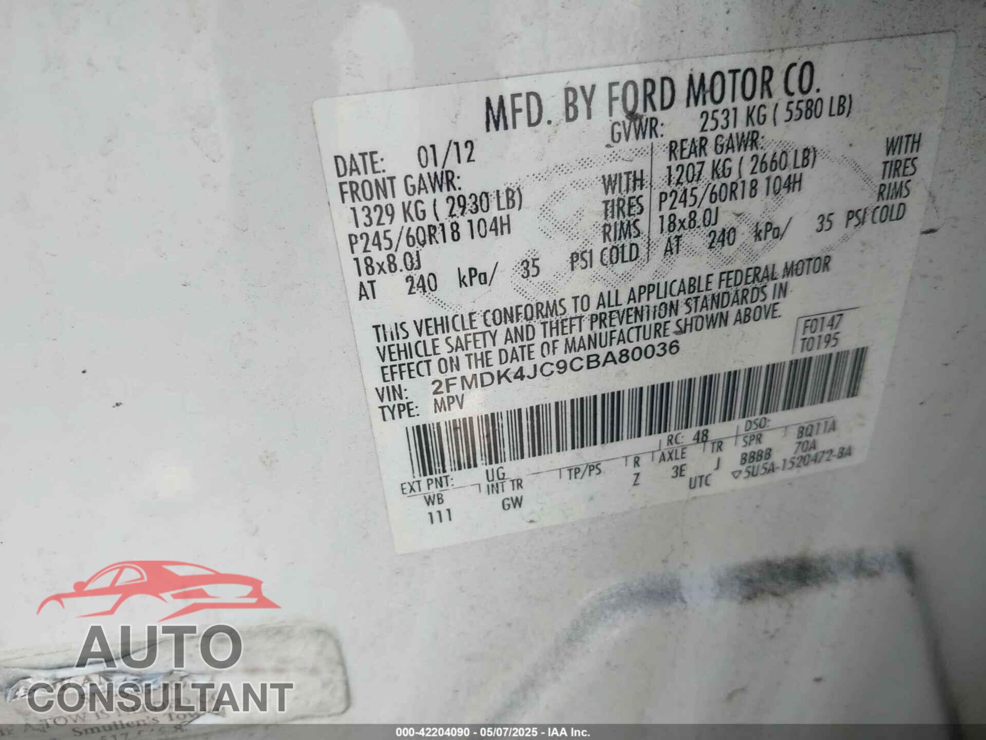FORD EDGE 2012 - 2FMDK4JC9CBA80036