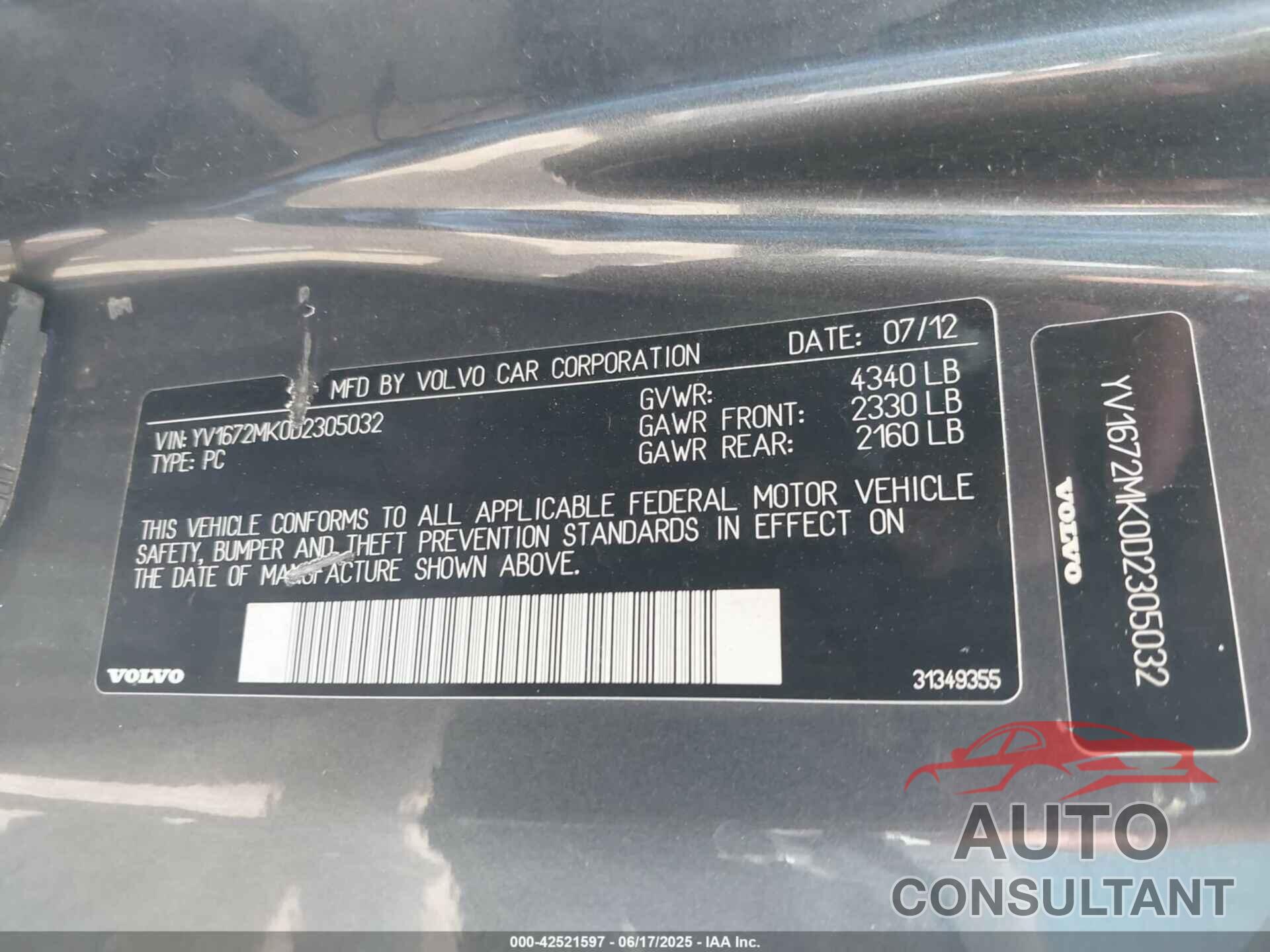 VOLVO C30 2013 - YV1672MK0D2305032
