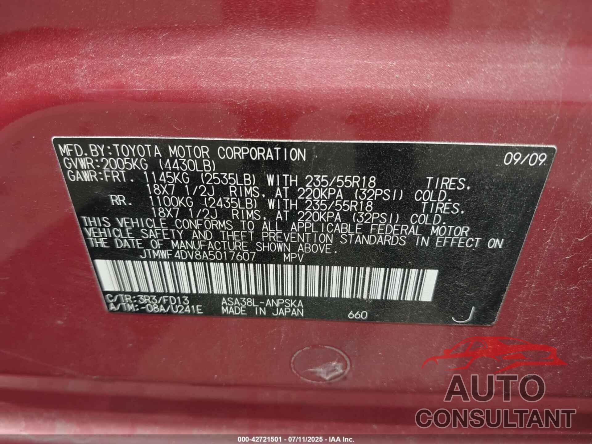 TOYOTA RAV4 2010 - JTMWF4DV8A5017607