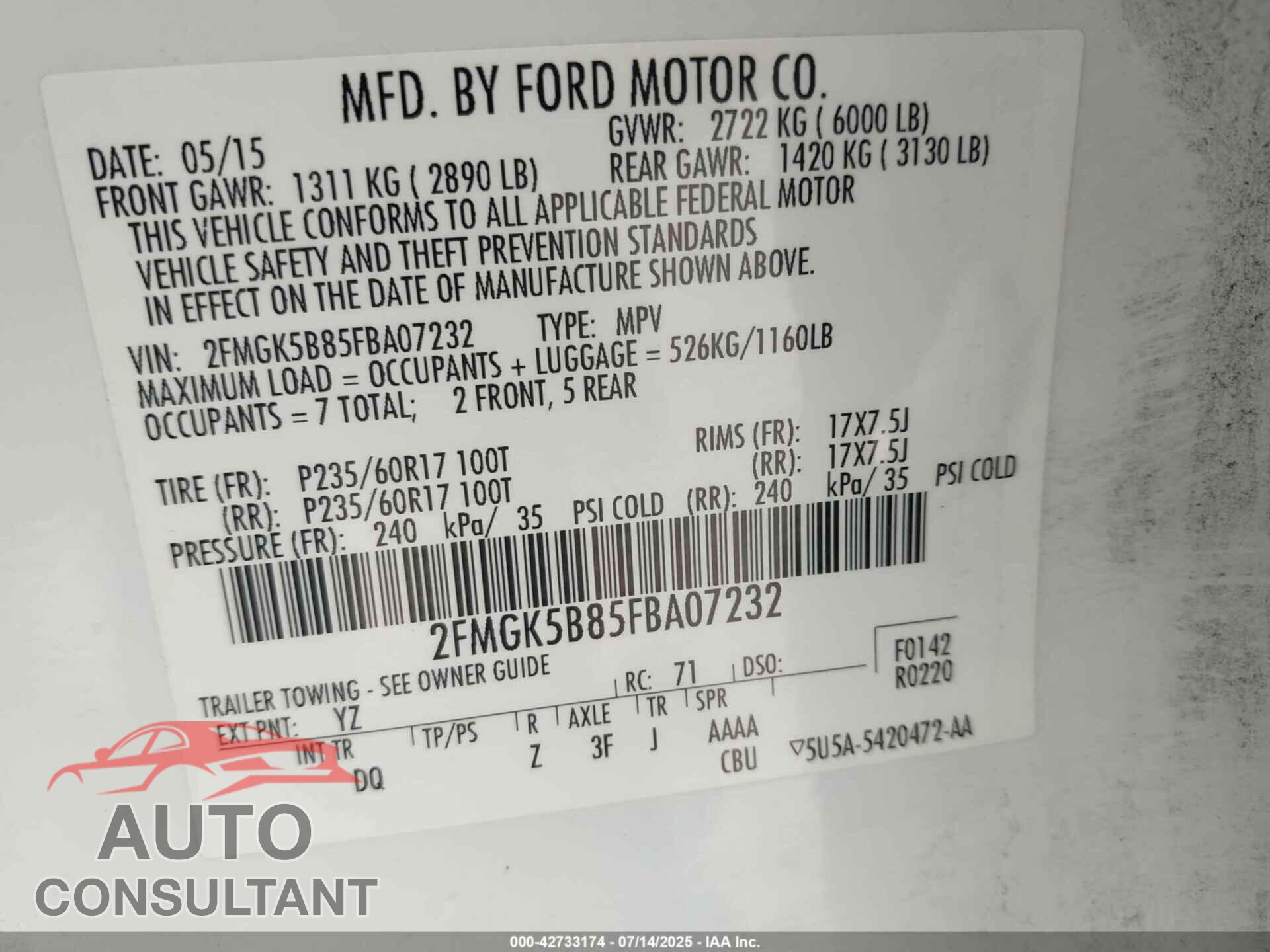 FORD FLEX 2015 - 2FMGK5B85FBA07232