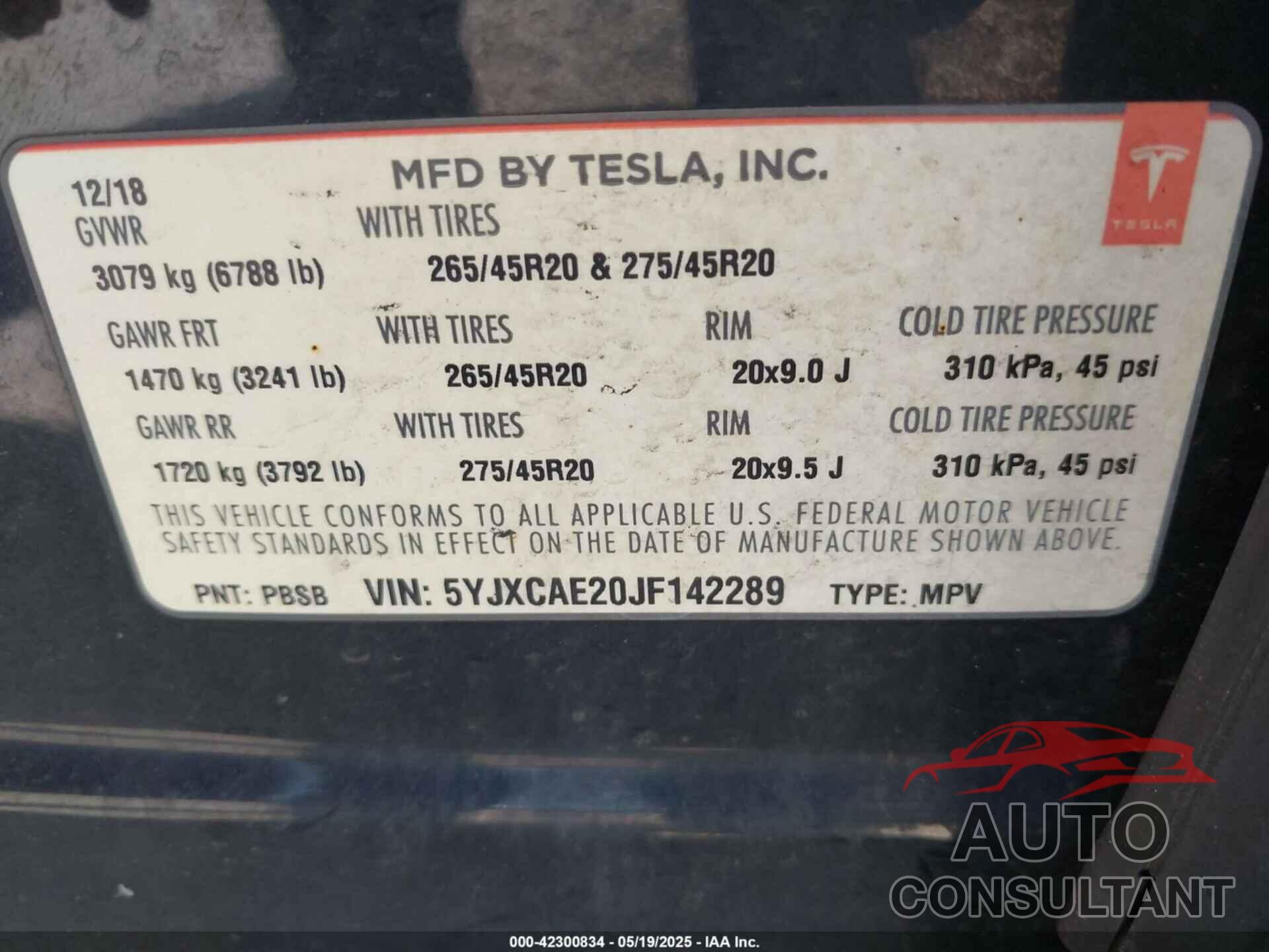 TESLA MODEL X 2018 - 5YJXCAE20JF142289