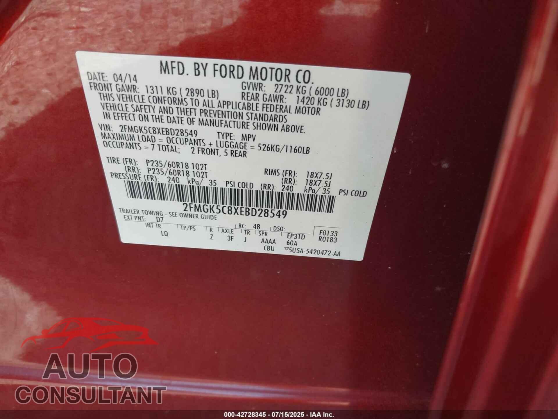 FORD FLEX 2014 - 2FMGK5C8XEBD28549