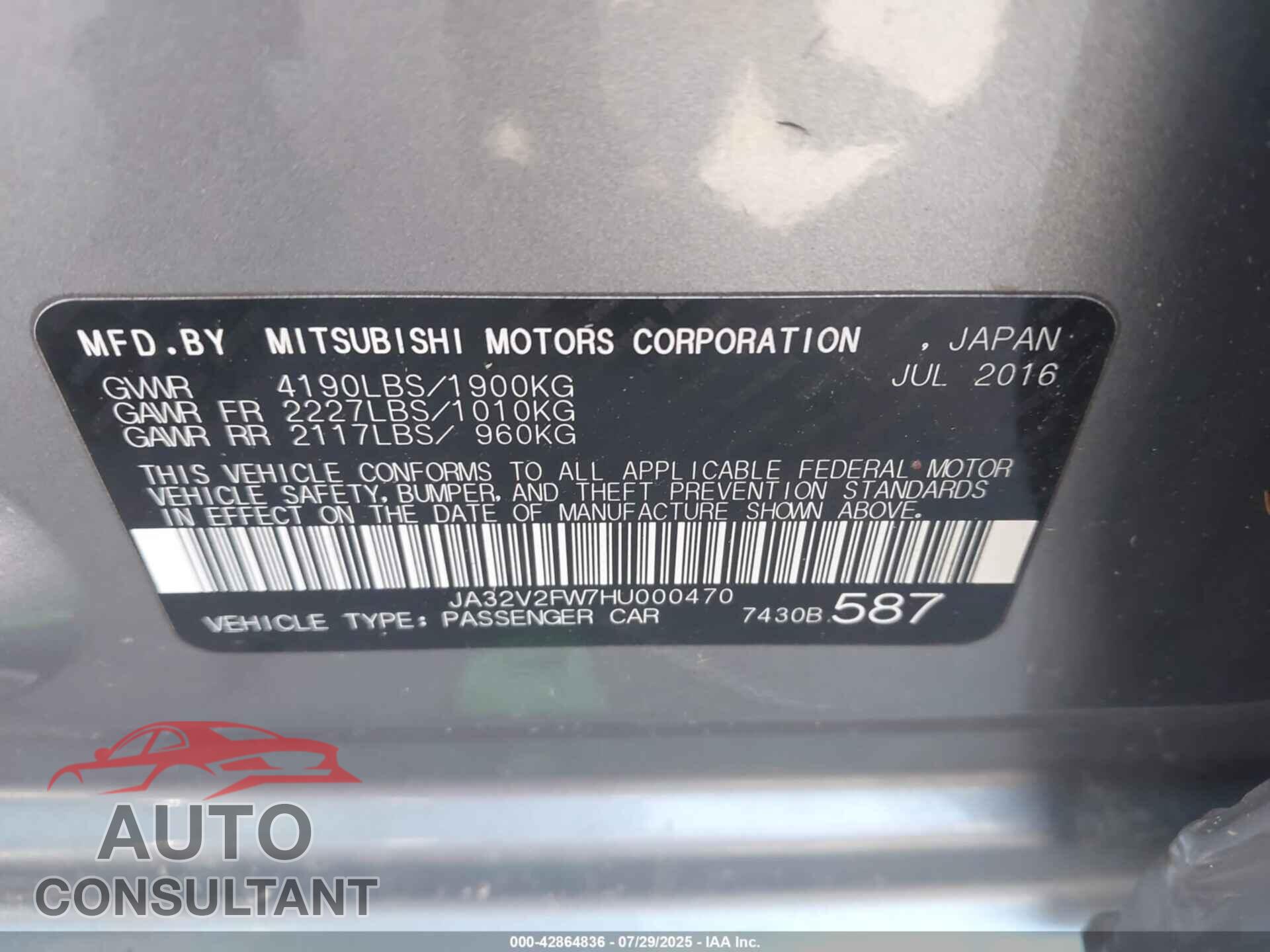 MITSUBISHI LANCER 2017 - JA32V2FW7HU000470