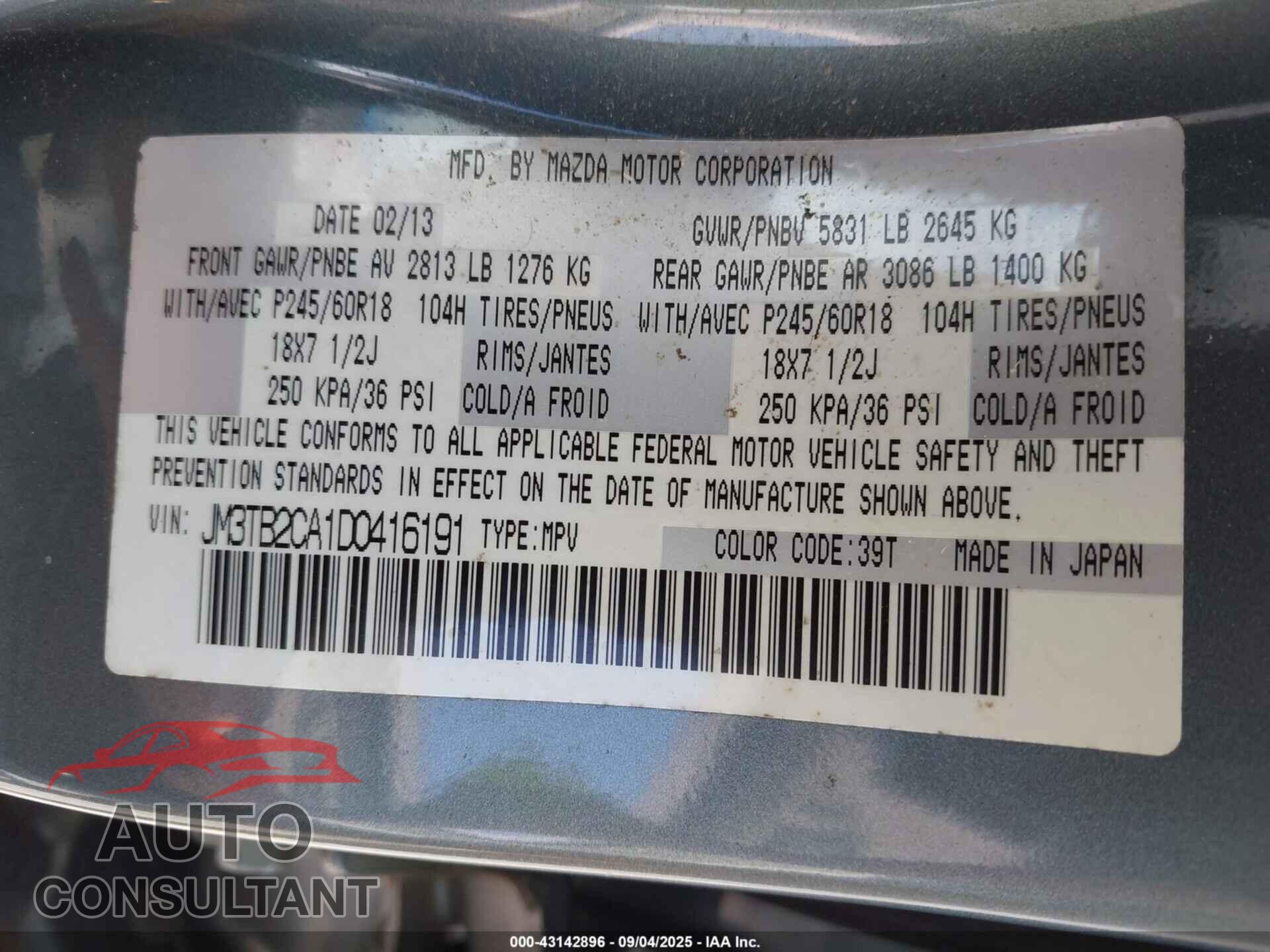 MAZDA CX-9 2013 - JM3TB2CA1D0416191