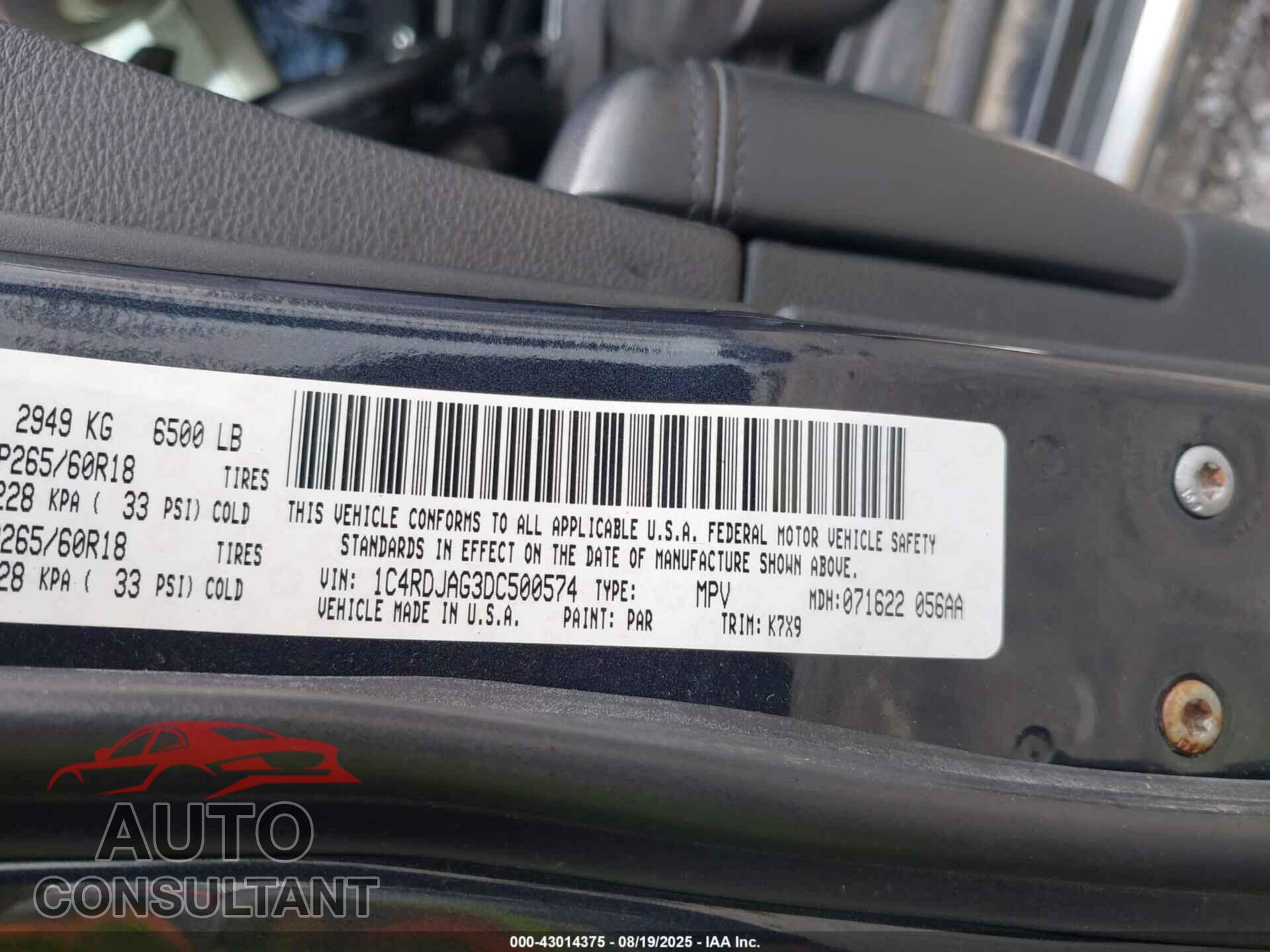 DODGE DURANGO 2013 - 1C4RDJAG3DC500574