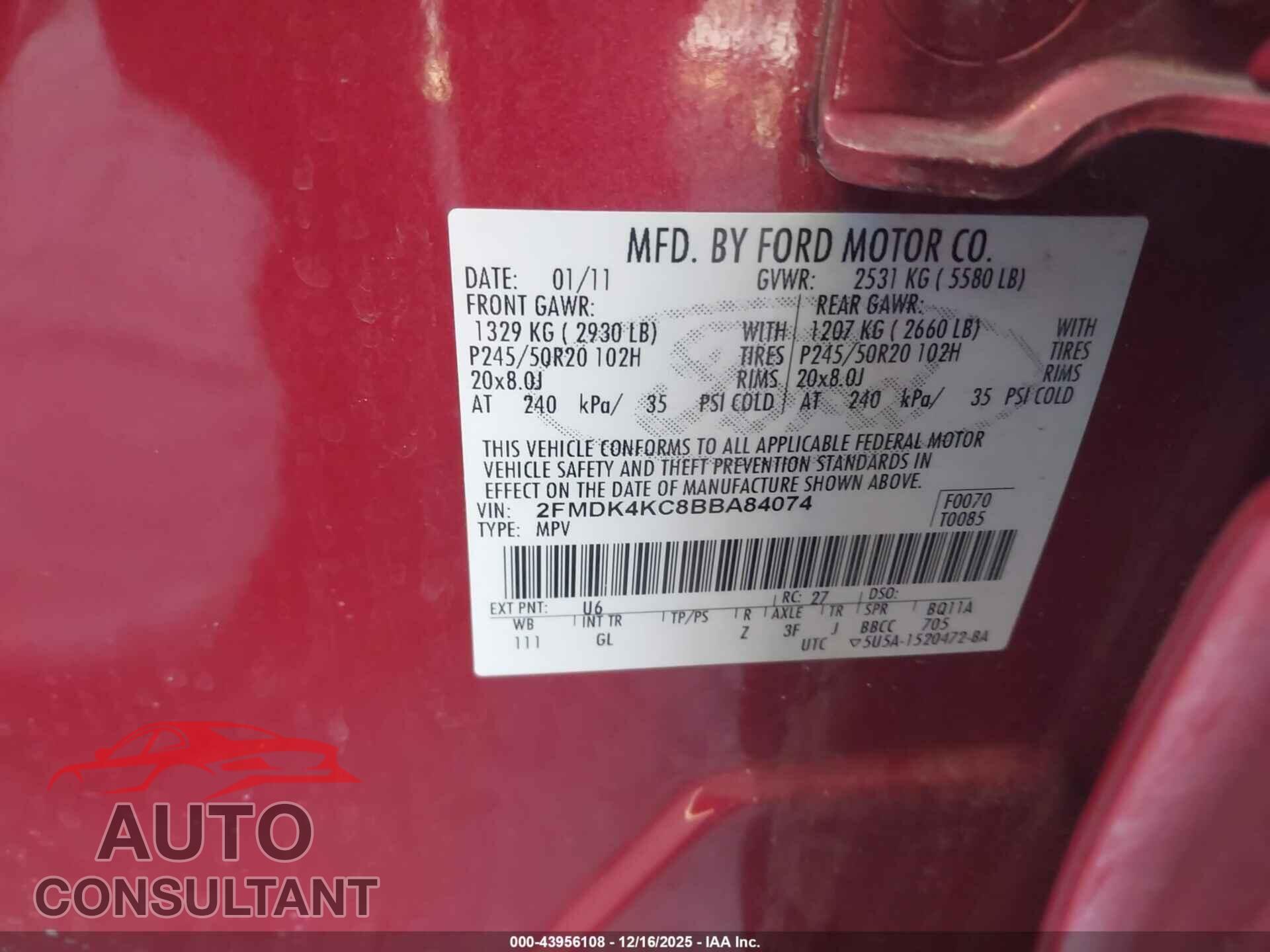FORD EDGE 2011 - 2FMDK4KC8BBA84074