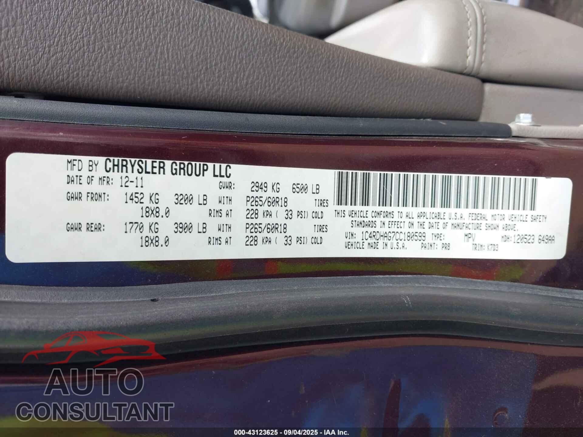 DODGE DURANGO 2012 - 1C4RDHAG7CC180599
