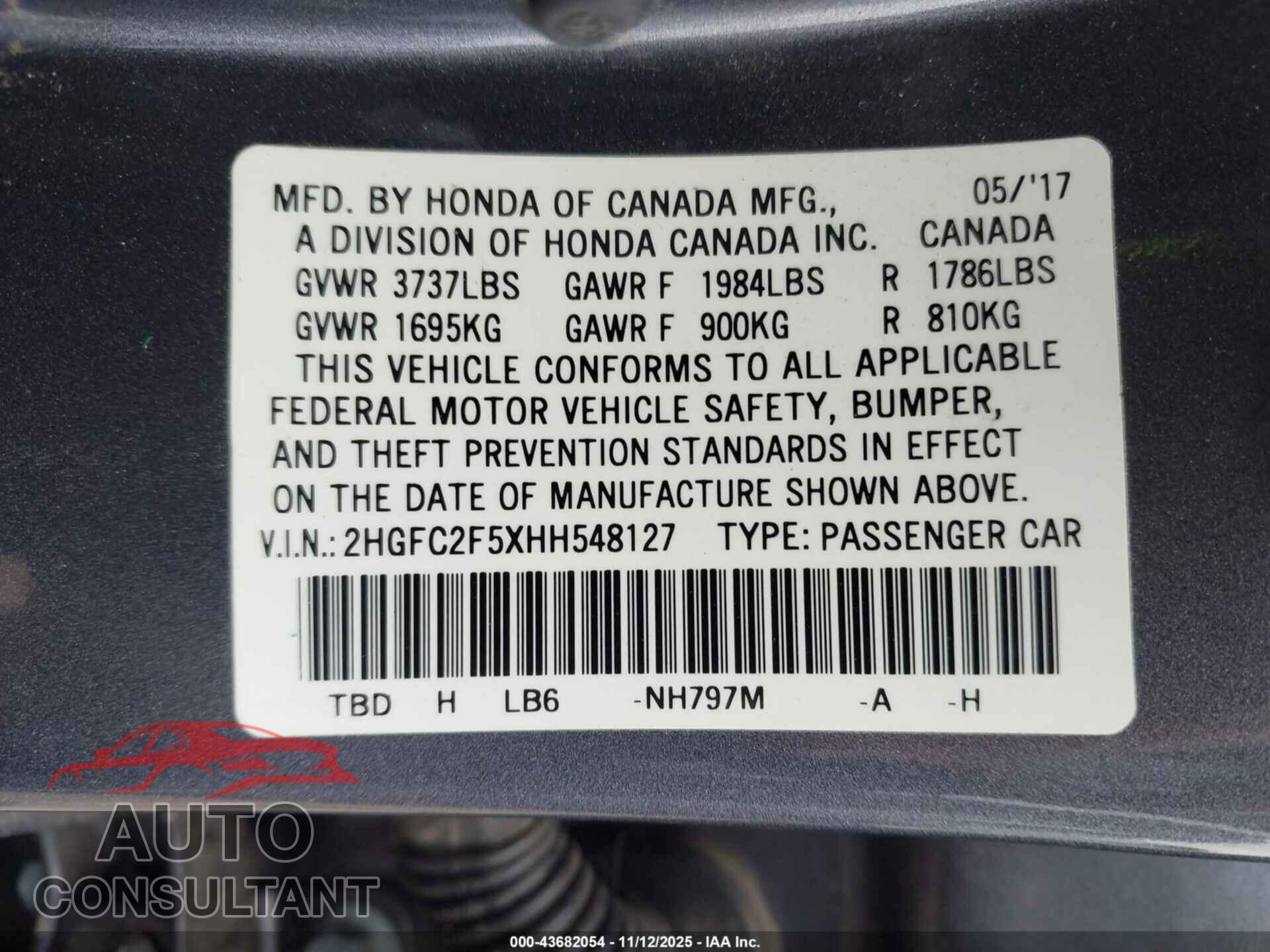 HONDA CIVIC 2017 - 2HGFC2F5XHH548127
