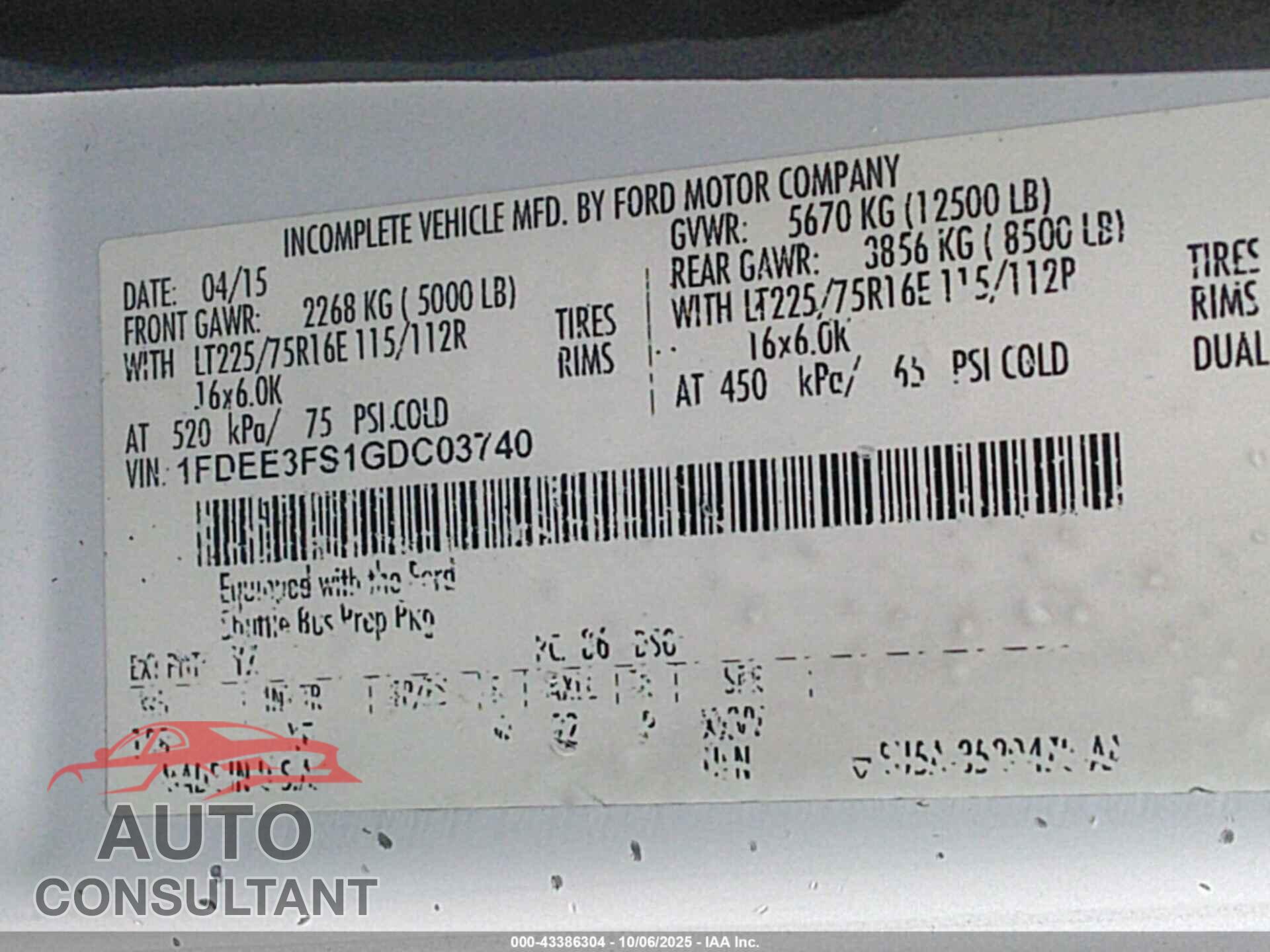 FORD E-350 CUTAWAY 2016 - 1FDEE3FS1GDC03740
