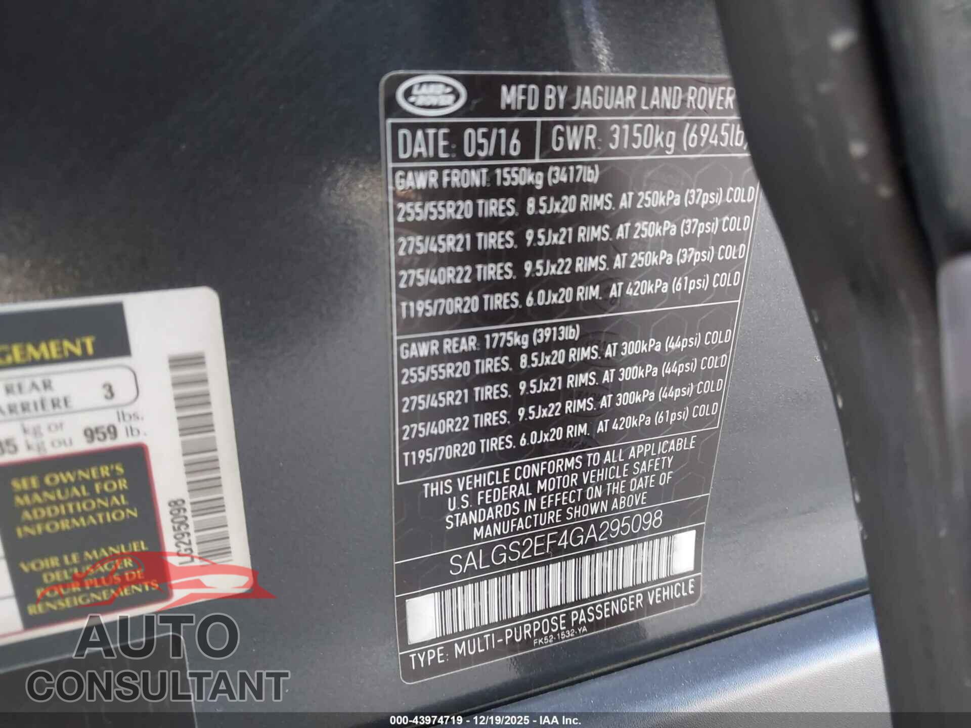 LAND ROVER RANGE ROVER 2016 - SALGS2EF4GA295098