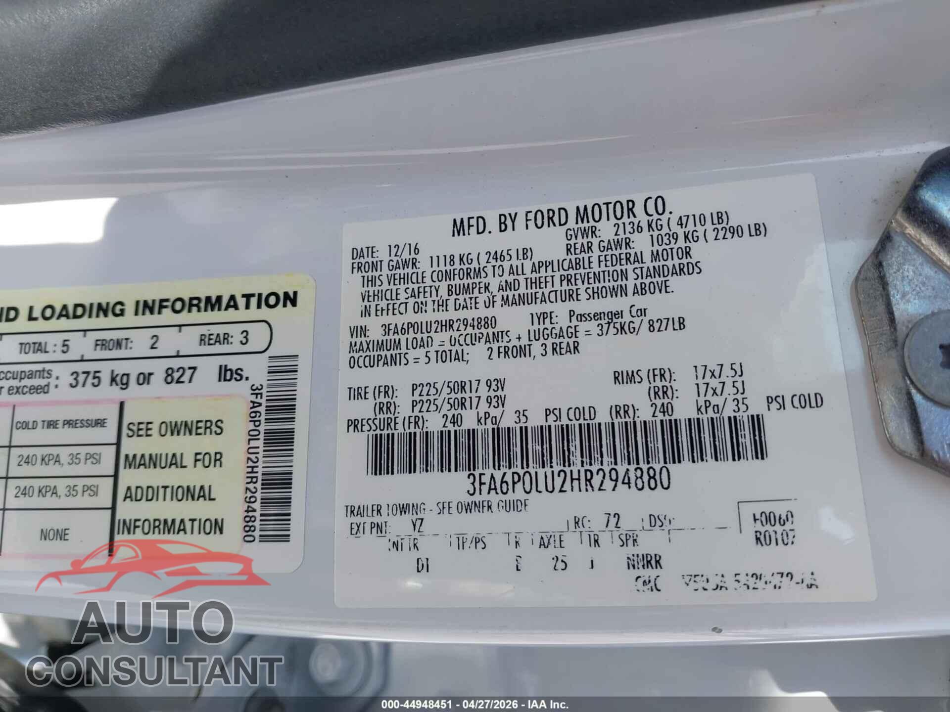 FORD FUSION HYBRID 2017 - 3FA6P0LU2HR294880
