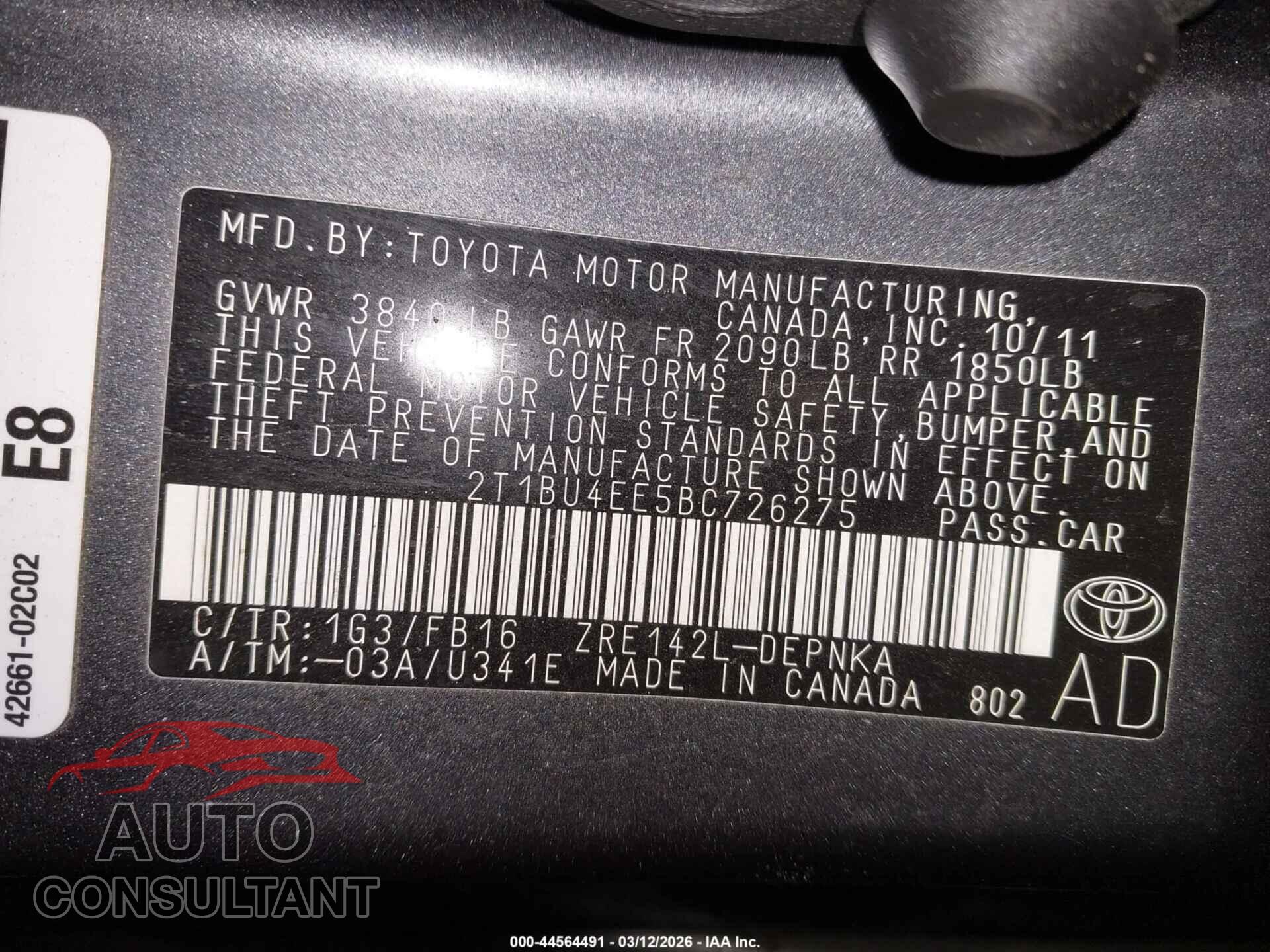 TOYOTA COROLLA 2011 - 2T1BU4EE5BC726275