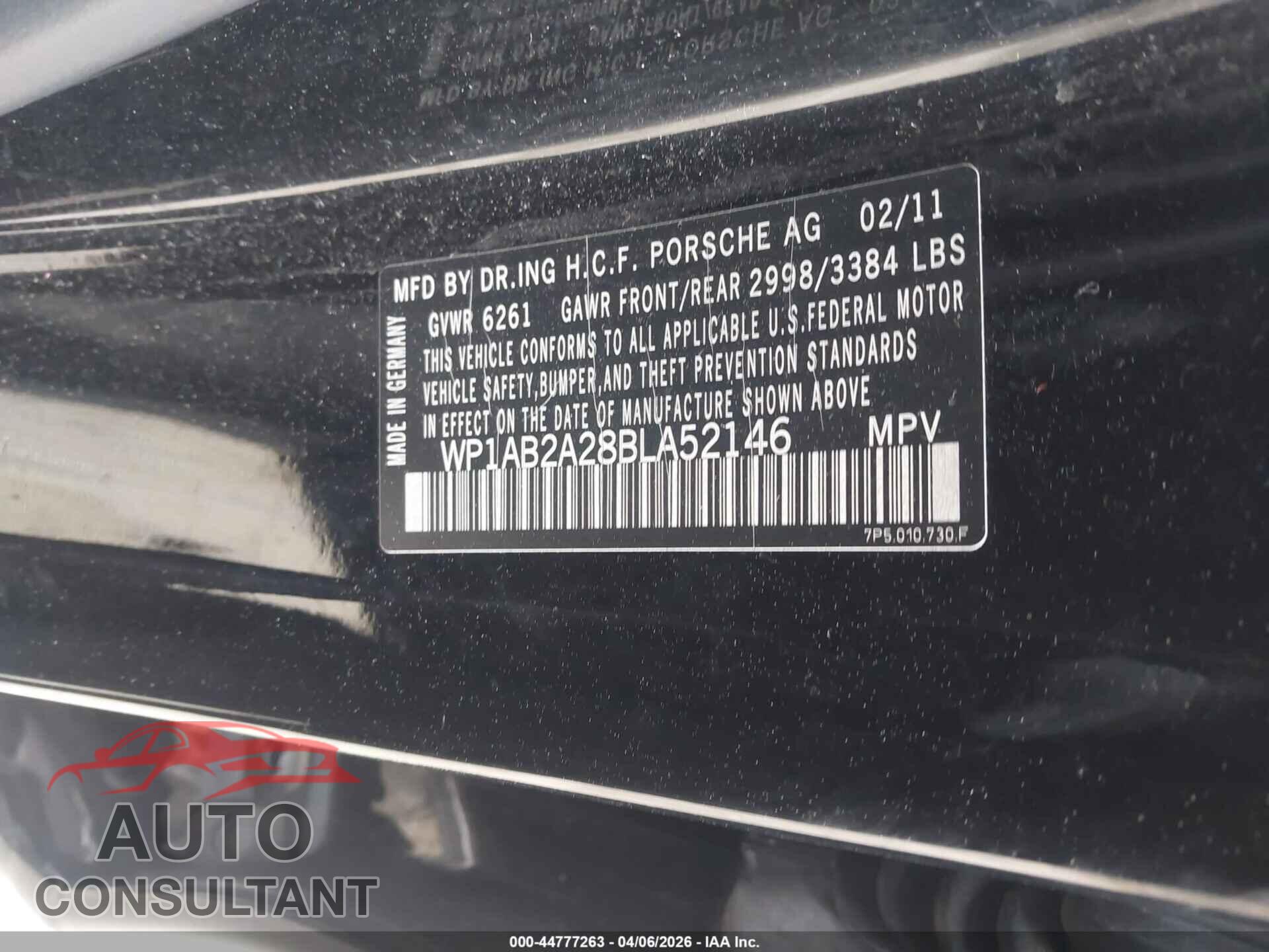 PORSCHE CAYENNE 2011 - WP1AB2A28BLA52146