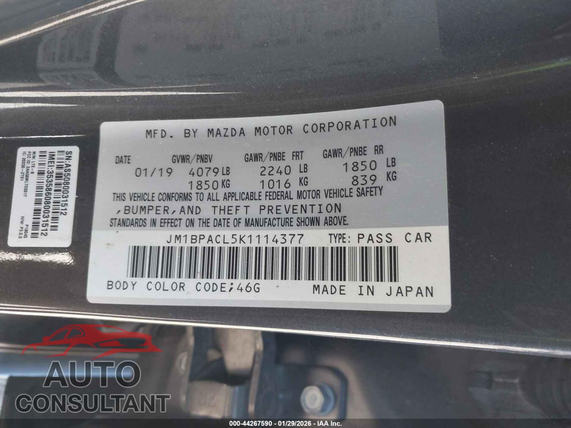 MAZDA MAZDA3 2019 - JM1BPACL5K1114377