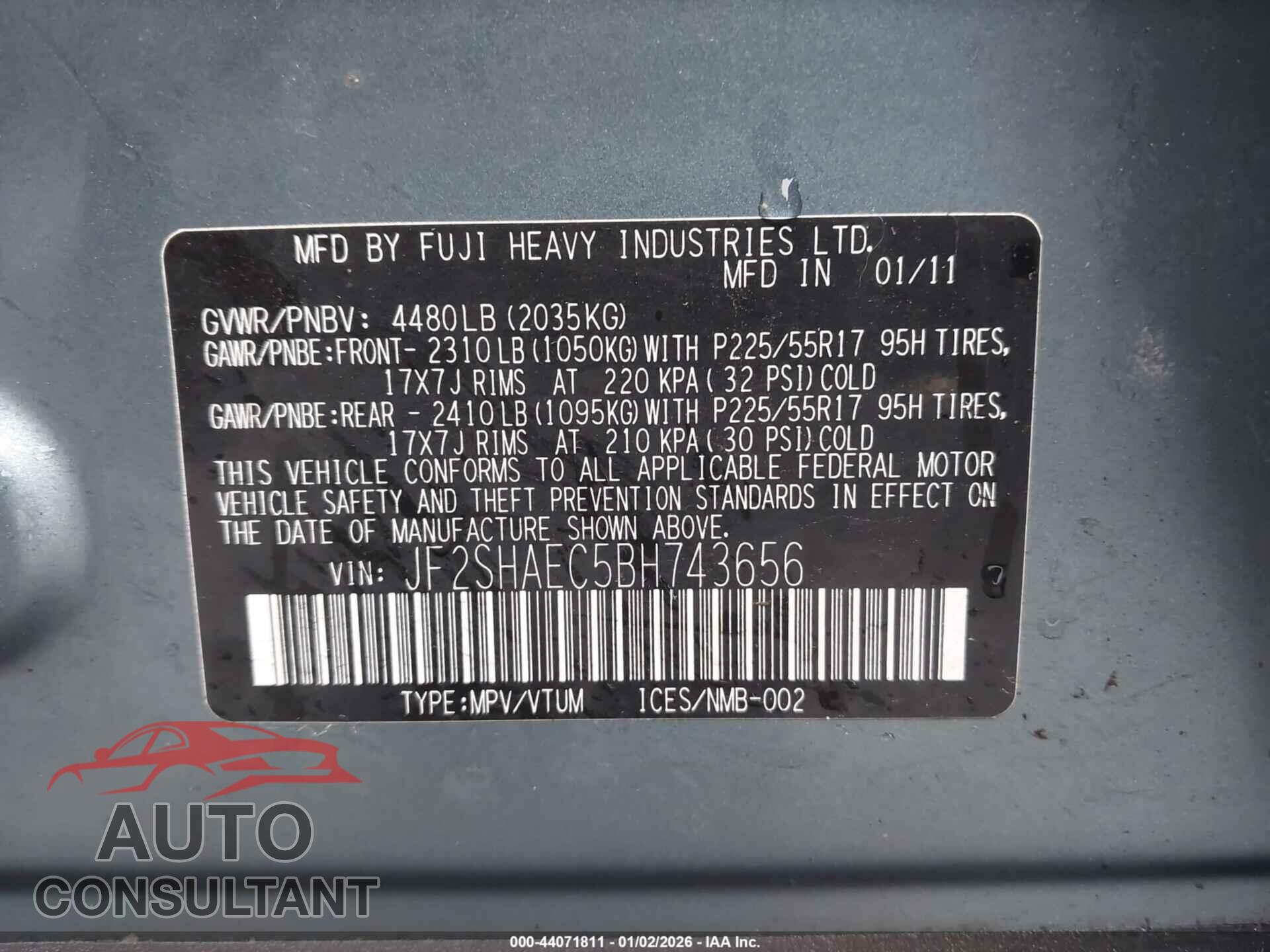 SUBARU FORESTER 2011 - JF2SHAEC5BH743656