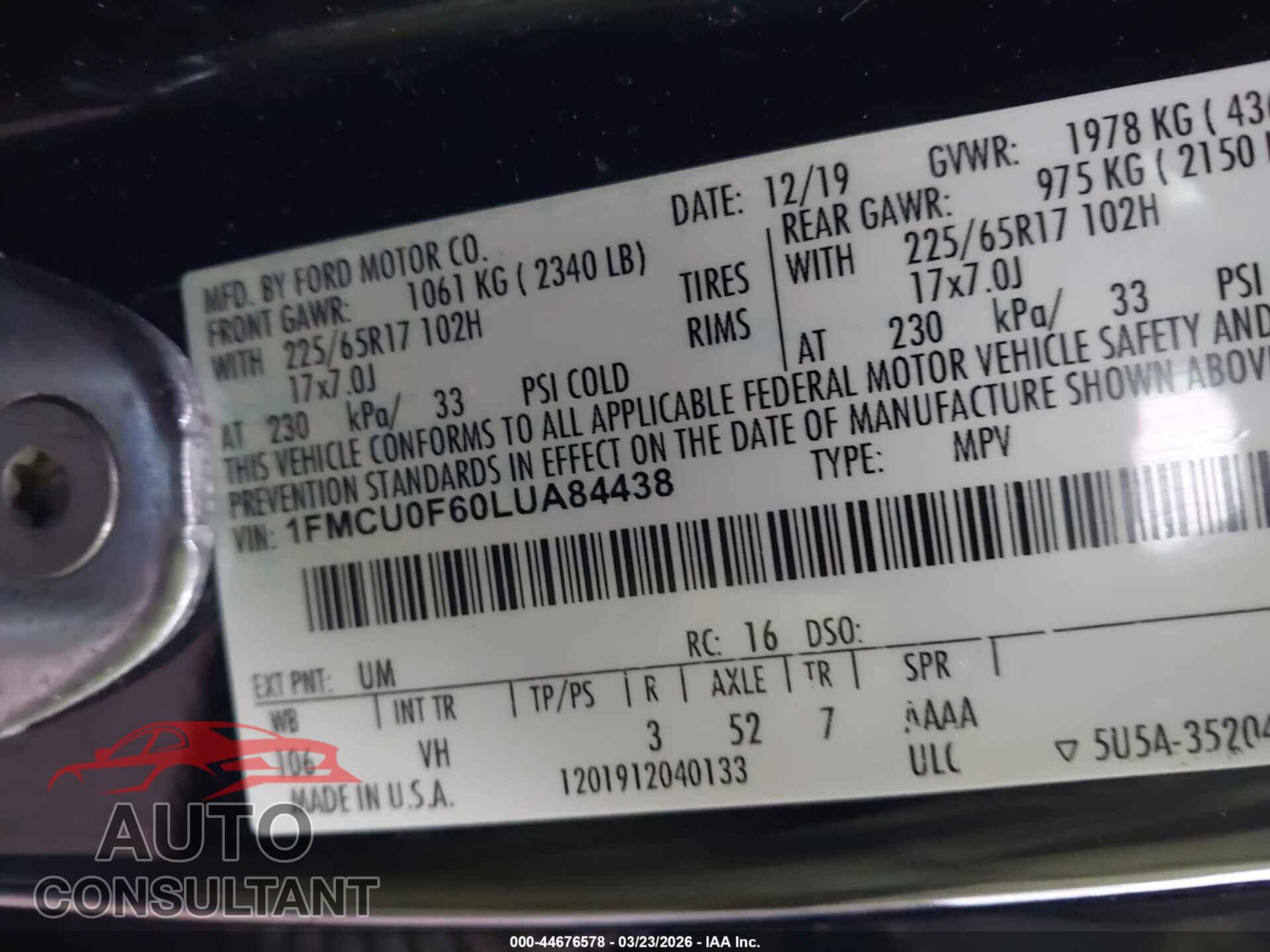 FORD ESCAPE 2020 - 1FMCU0F60LUA84438