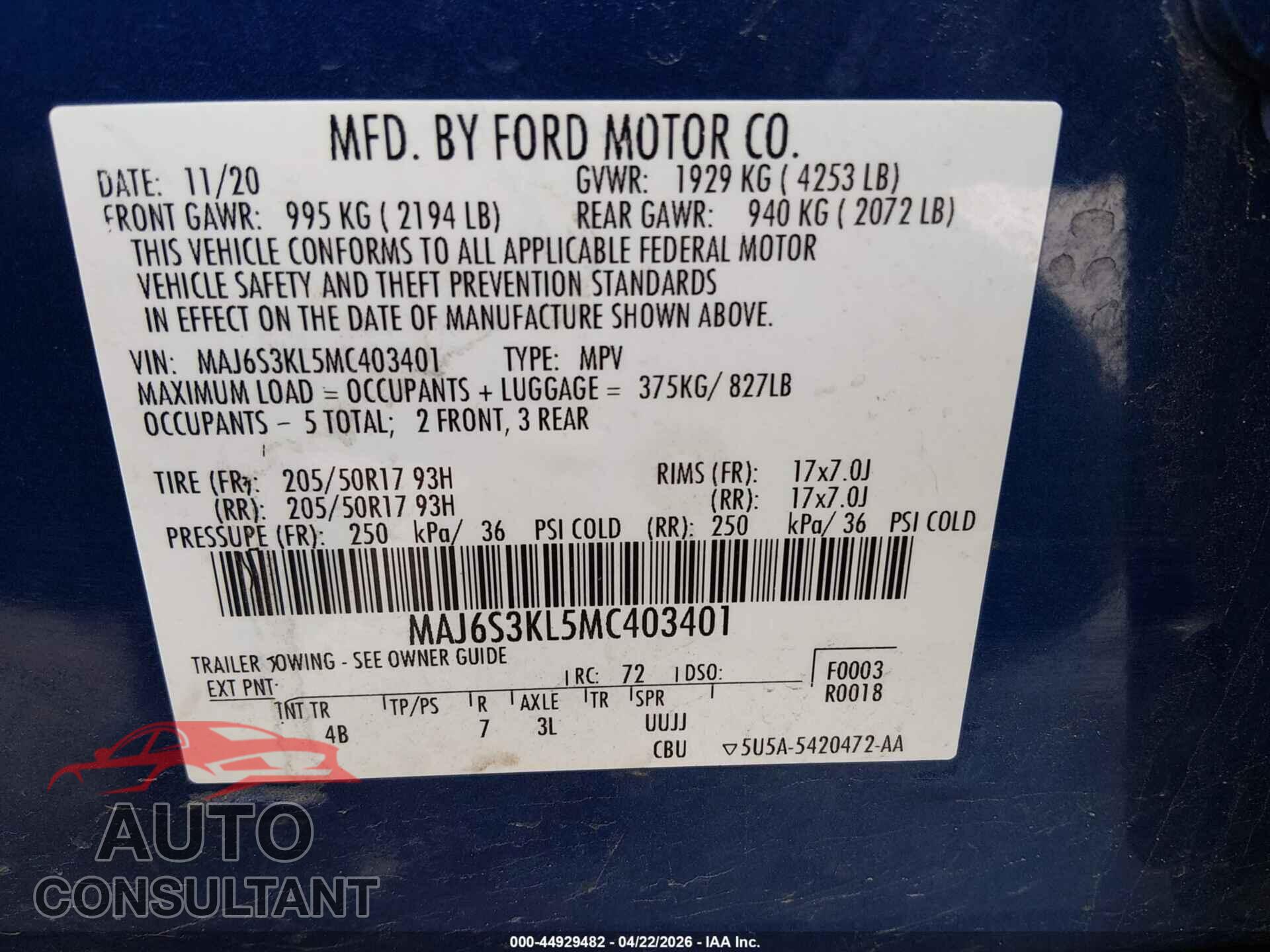FORD ECOSPORT 2021 - MAJ6S3KL5MC403401