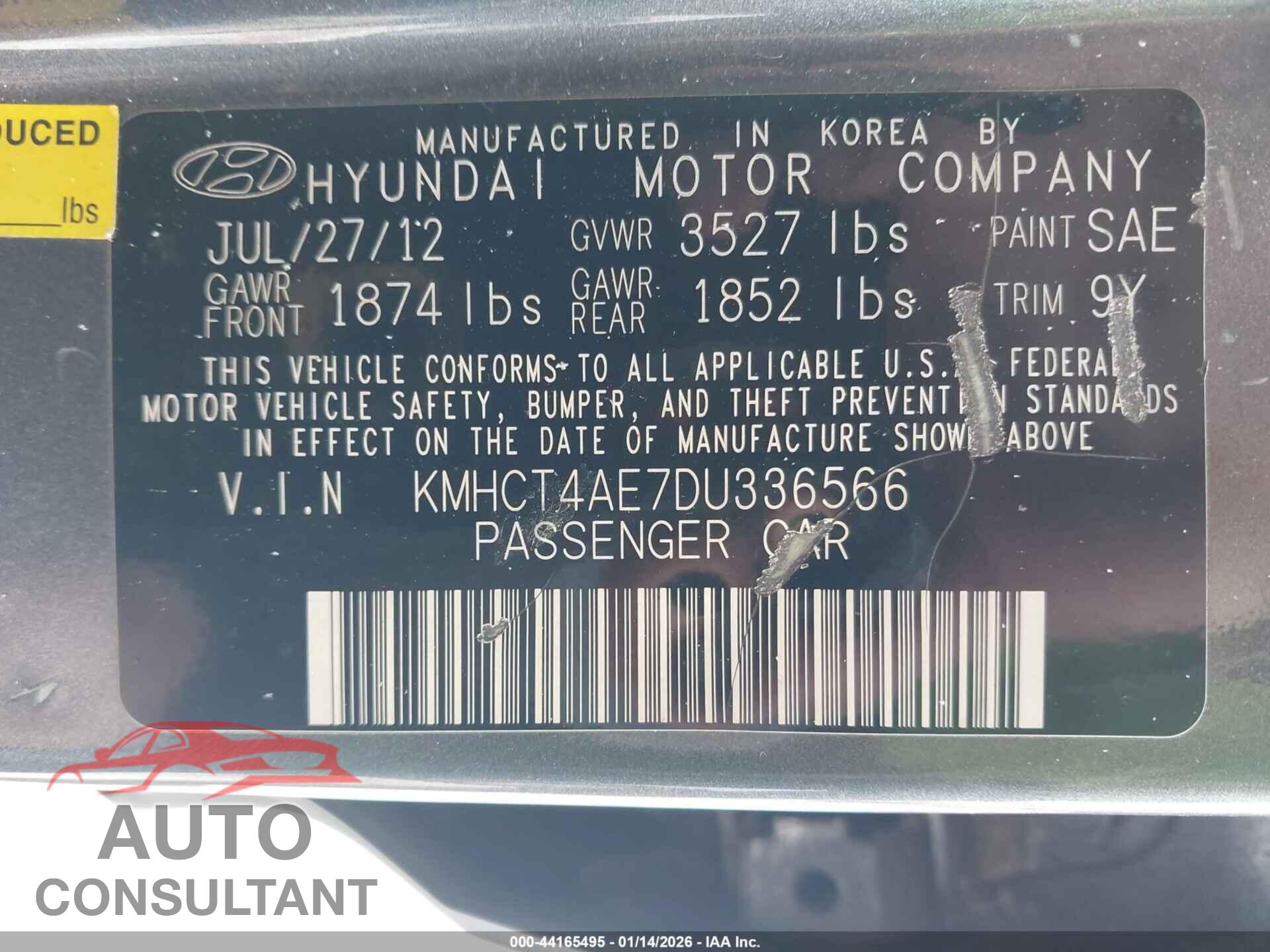 HYUNDAI ACCENT 2013 - KMHCT4AE7DU336566