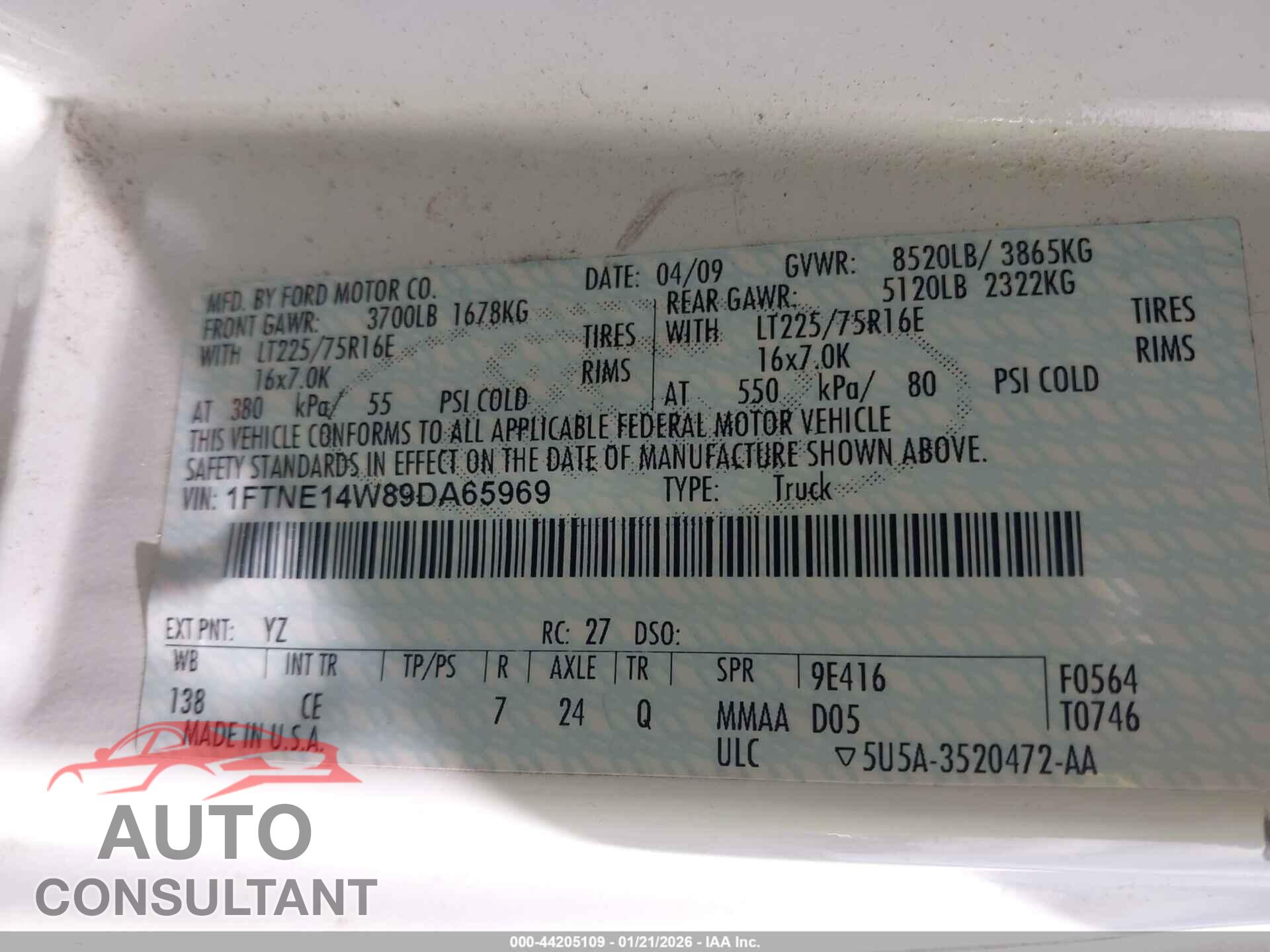 FORD E-150 2009 - 1FTNE14W89DA65969