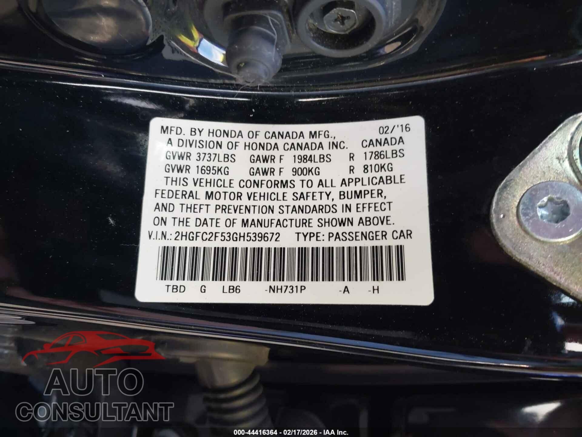 HONDA CIVIC 2016 - 2HGFC2F53GH539672