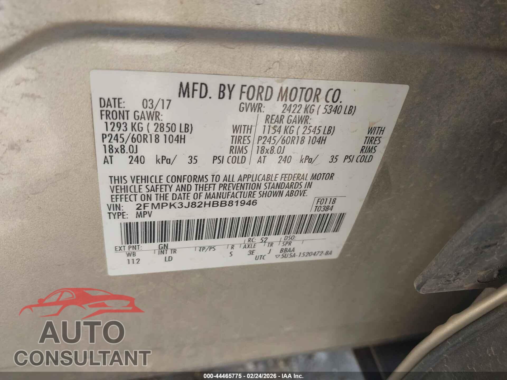 FORD EDGE 2017 - 2FMPK3J82HBB81946