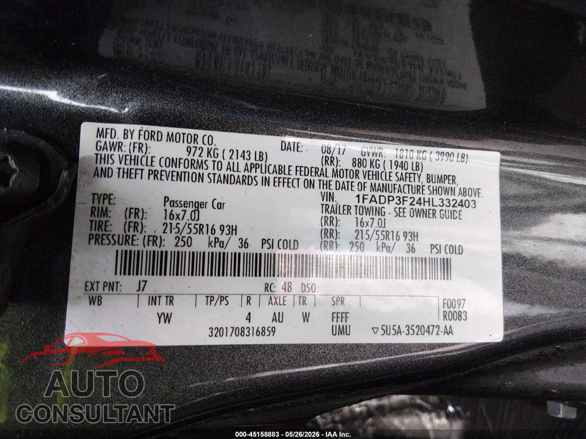 FORD FOCUS 2017 - 1FADP3F24HL332403