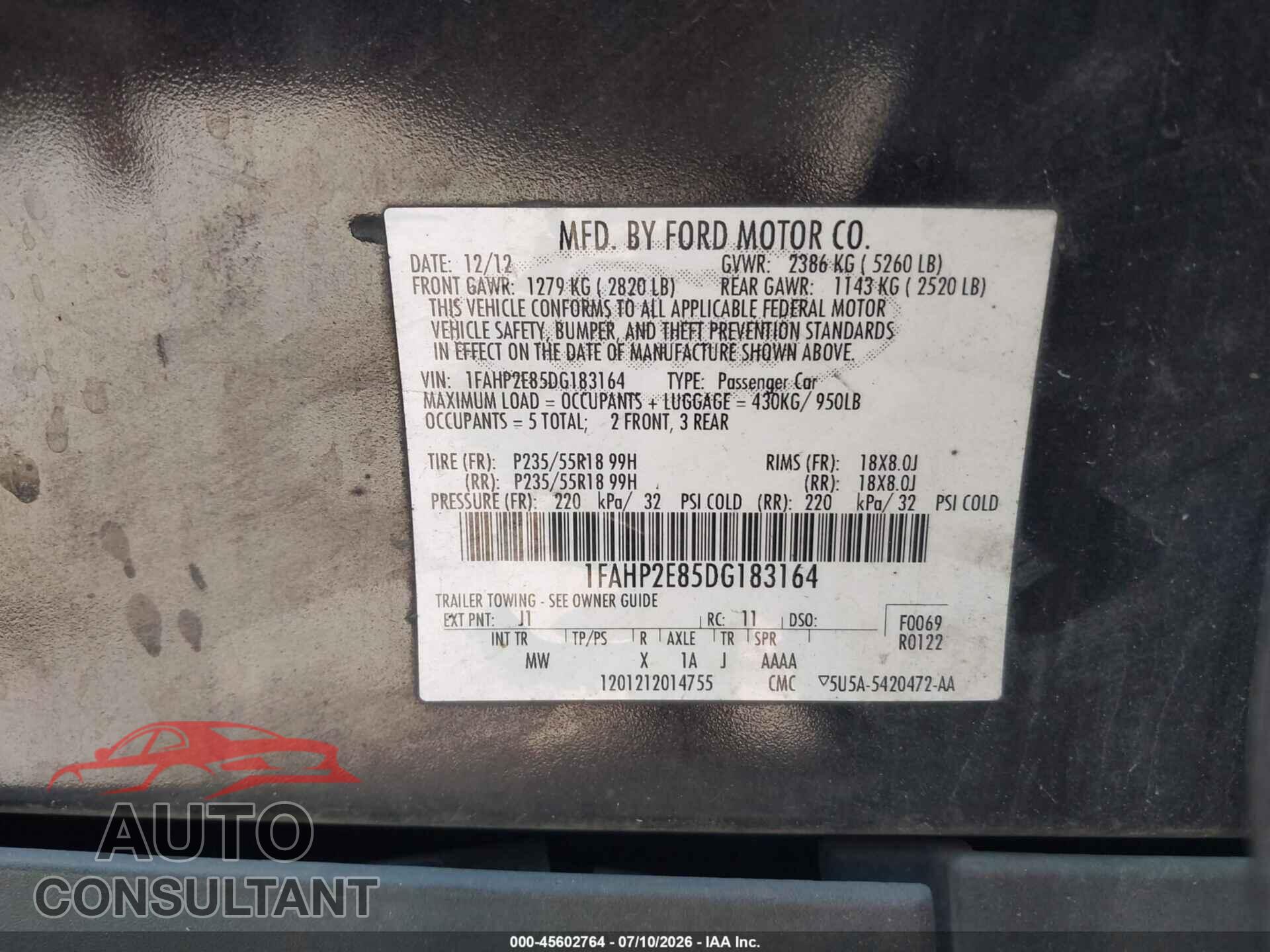 FORD TAURUS 2013 - 1FAHP2E85DG183164